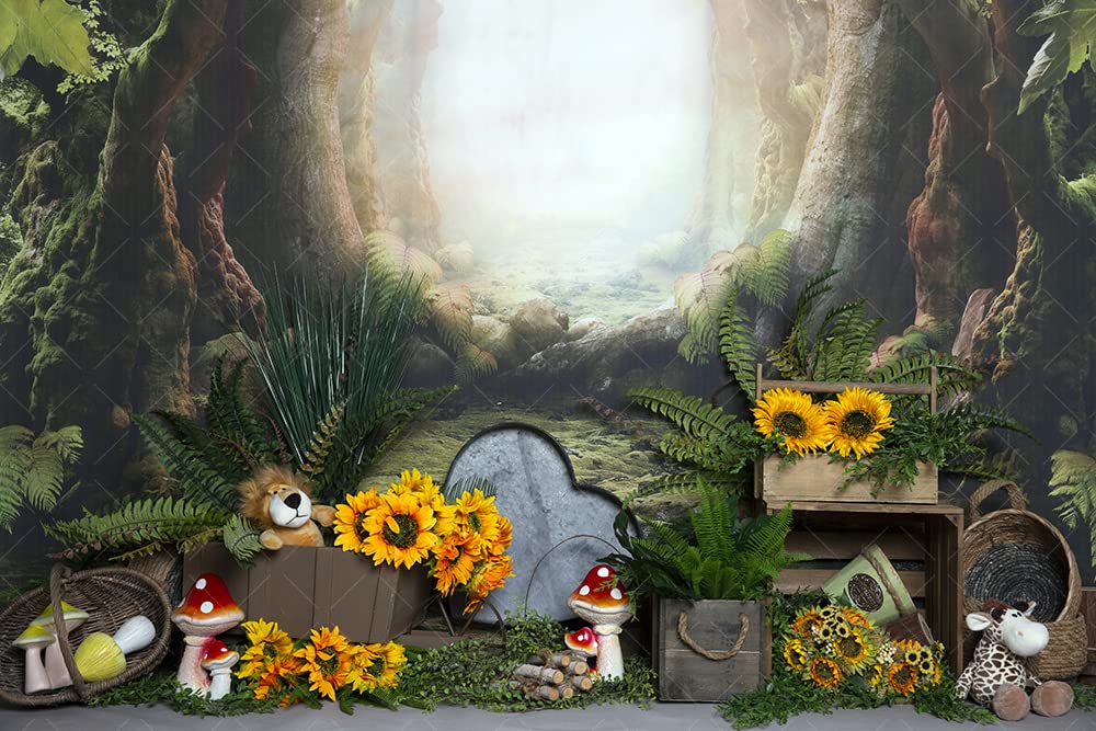 AOSTOJungle Safari Backdrop Baby Photography Happy Birthday Background Banner Children Portraits Photo Props (220x150cm Vinyl)