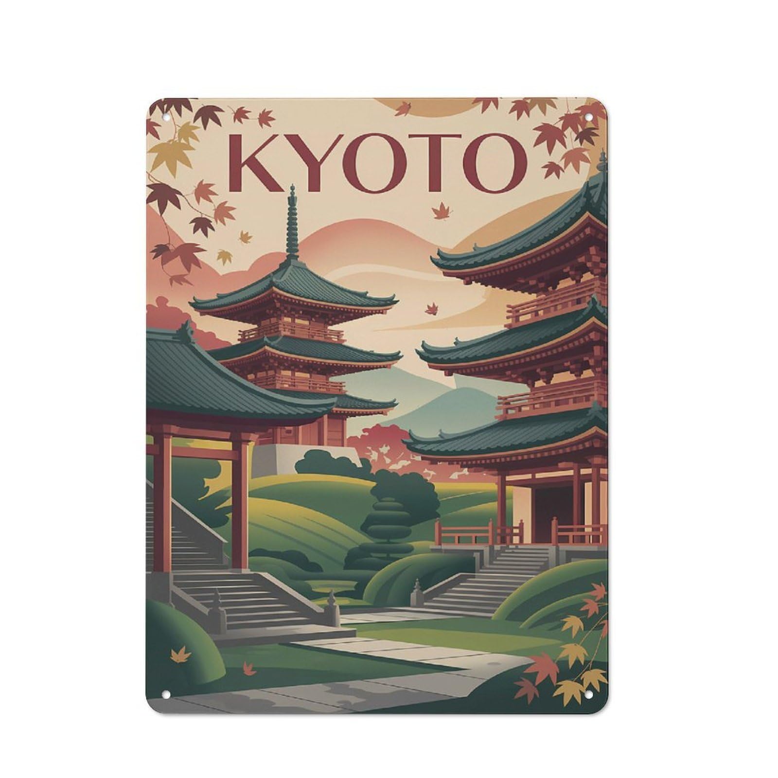 Junmoney Style-2 Kyoto Japanese Architecture Travel Retro Metal Wall Decor 40X30cm, Retro Metal Sign For Garage, Hobby Room, Office Or Man Cave