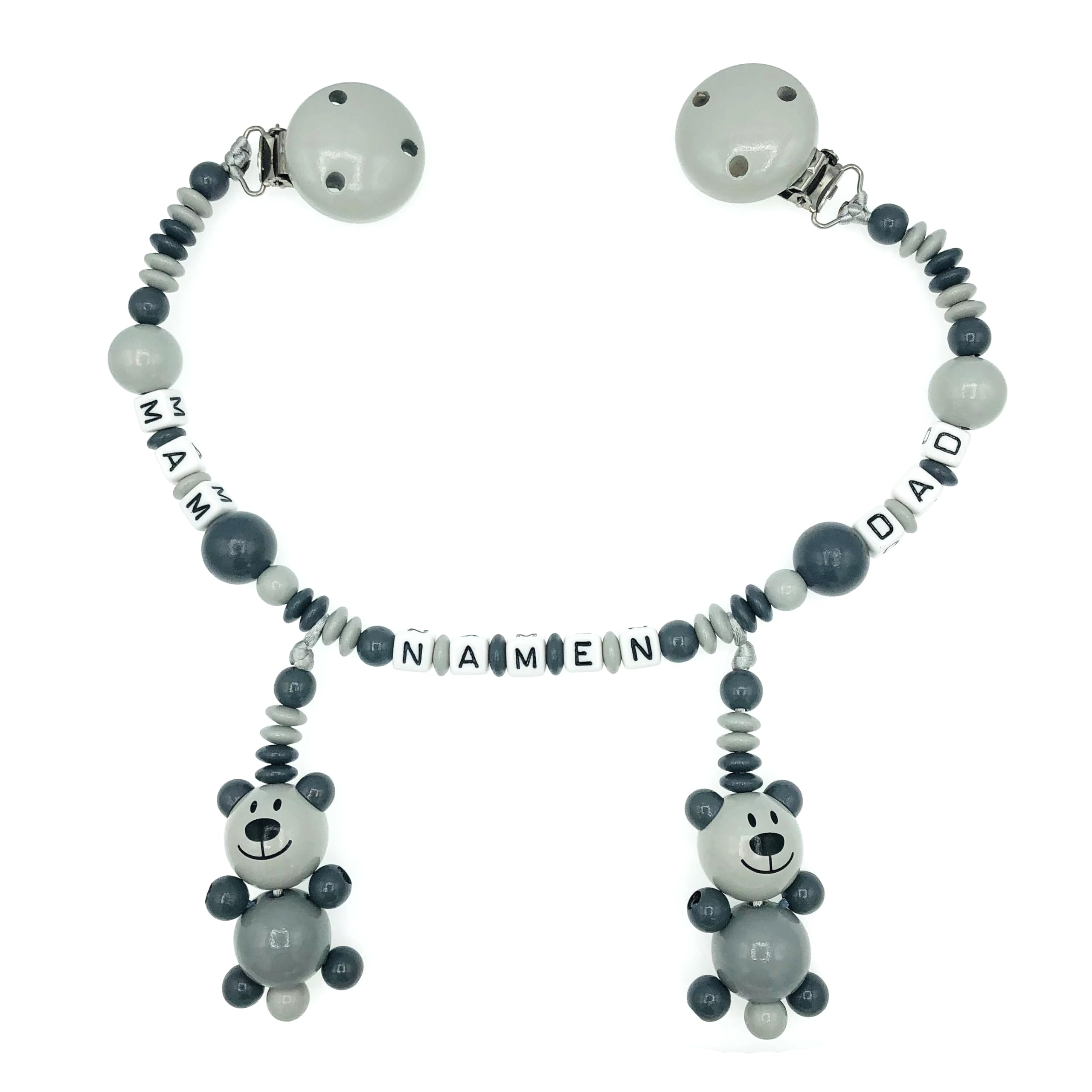 Set Nuckelkette + Kinderwagenkette mit Namen " 3D - BÄR/TEDDYBÄR " Hellgrau Grau/Baby/Unisex/Personalisiert/HANDMADE