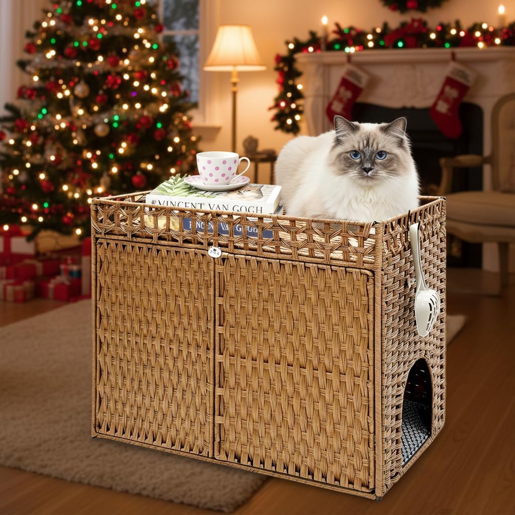 homegroove cat litter box enclosure furniture, extra large hidden litter box with soft mat and fence, comfortable handwoven rattan cat house with s-shaped hooks for living room, bedroom (walnut)