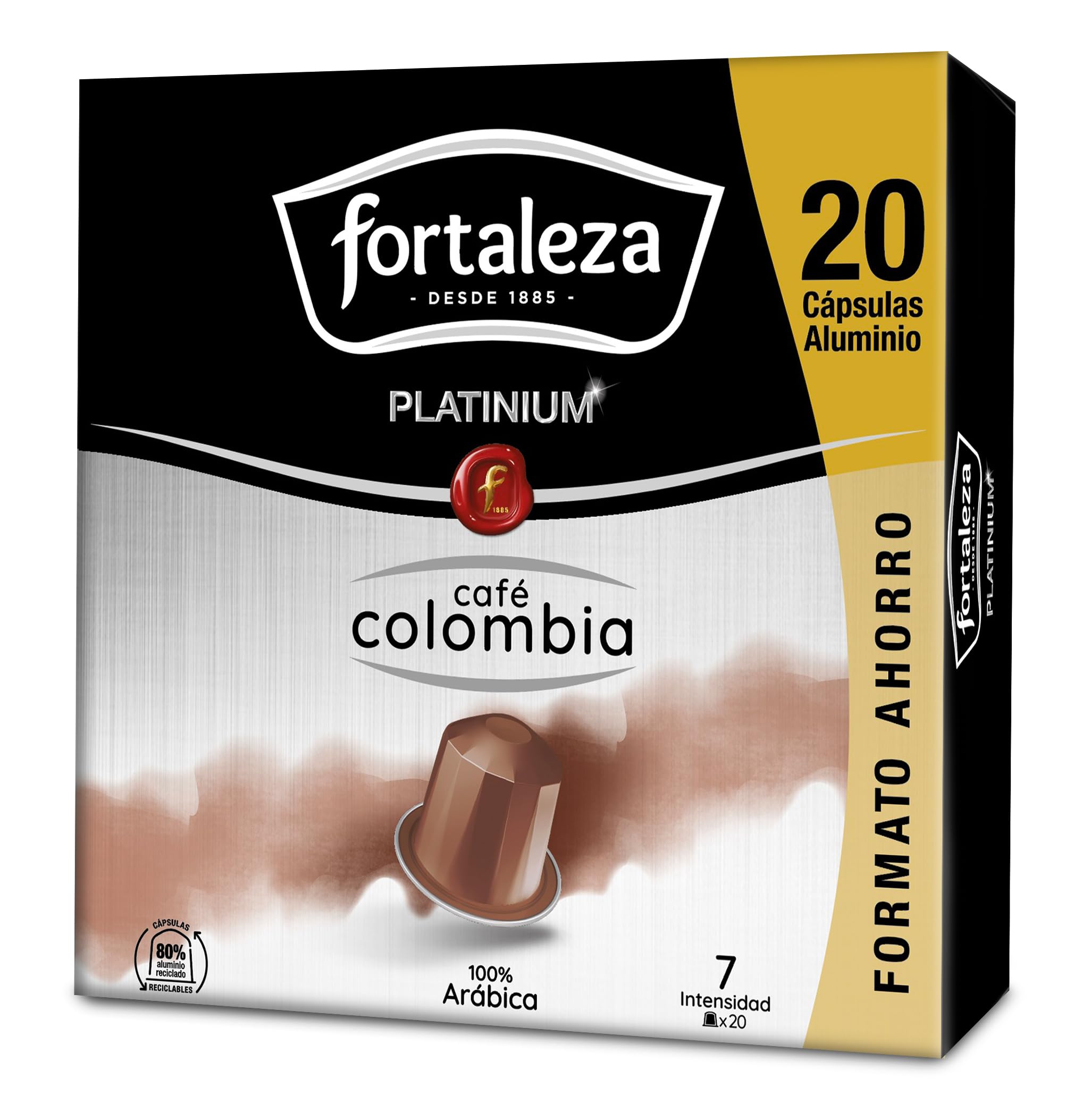 Café Fortaleza Platinium, Cápsulas Compatibles con Nespresso, de Aluminio, Café de Colombia, Puro Sabor, 100% Arábica, Tueste Natural, Pack 8x20 - Total 160 uds