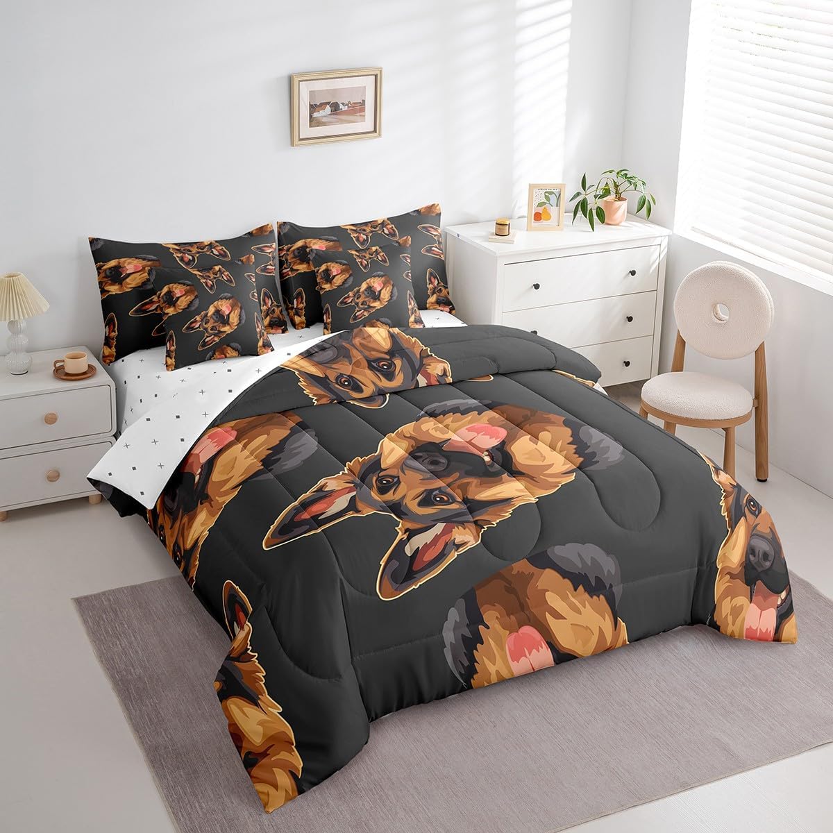 Feelyou Queen Comforter Set 7 Pcs Dog Printed Bedding Set Cute Pet Dog Bed in a Bag for Boys Girls Children 3D Animal Theme Comforter Room Decor German Shepherd Pattern Bed Set with Sheets