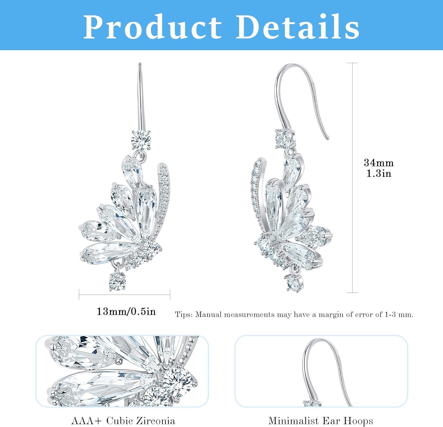 Gemsme Dangle Drop Earrings Cubic Zirconia Hooks - 14K Gold Plated Hypoallergenic Earring Wedding Costume Engagement Present for Women