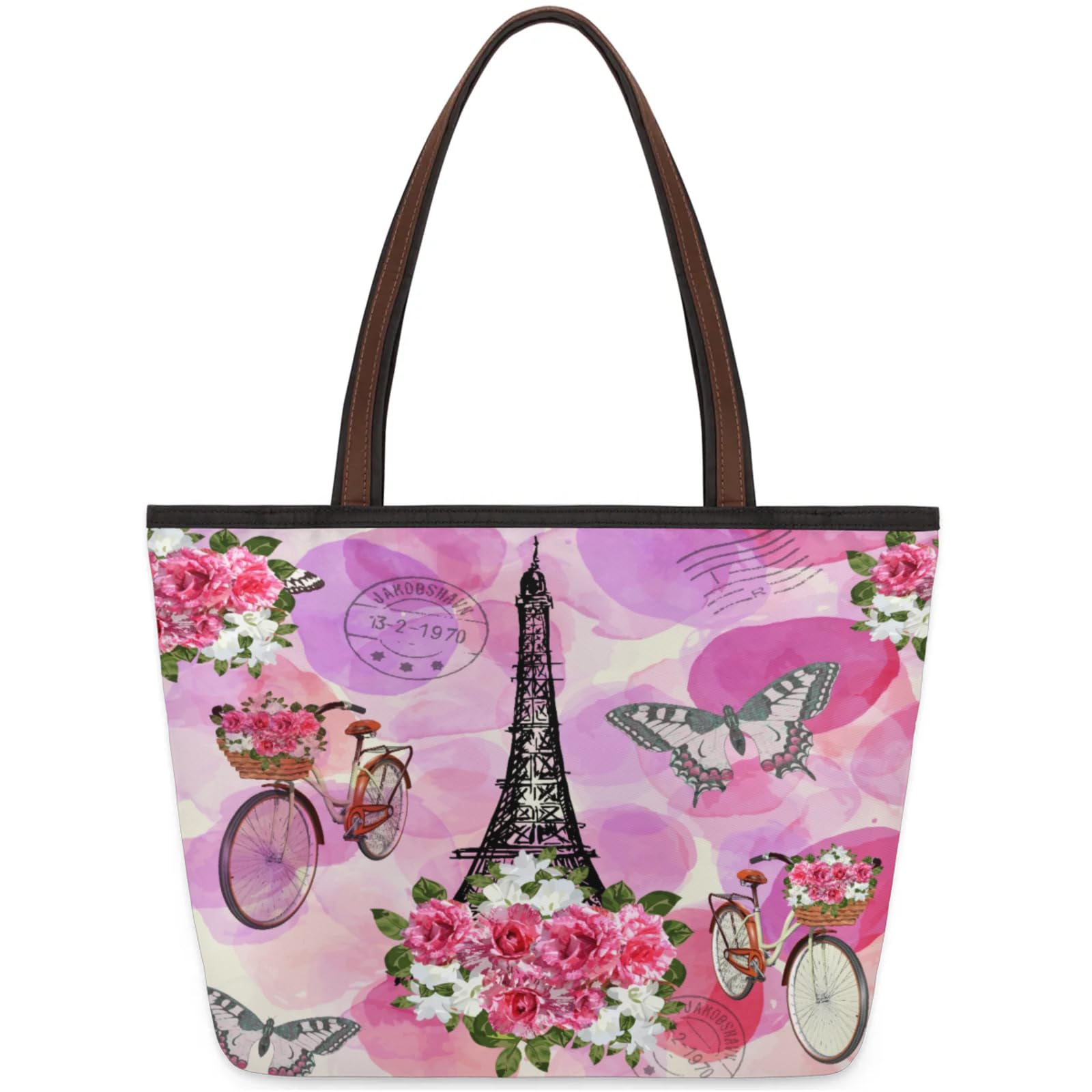 Watercolor Tower Butterfly Bikes Flower Tote Bag Multi Pocket Zippered Beach Bag Lightweight Waterproof Handbag for Women Men Work Gym Travel Swimming Yoga Grocery Shopping M