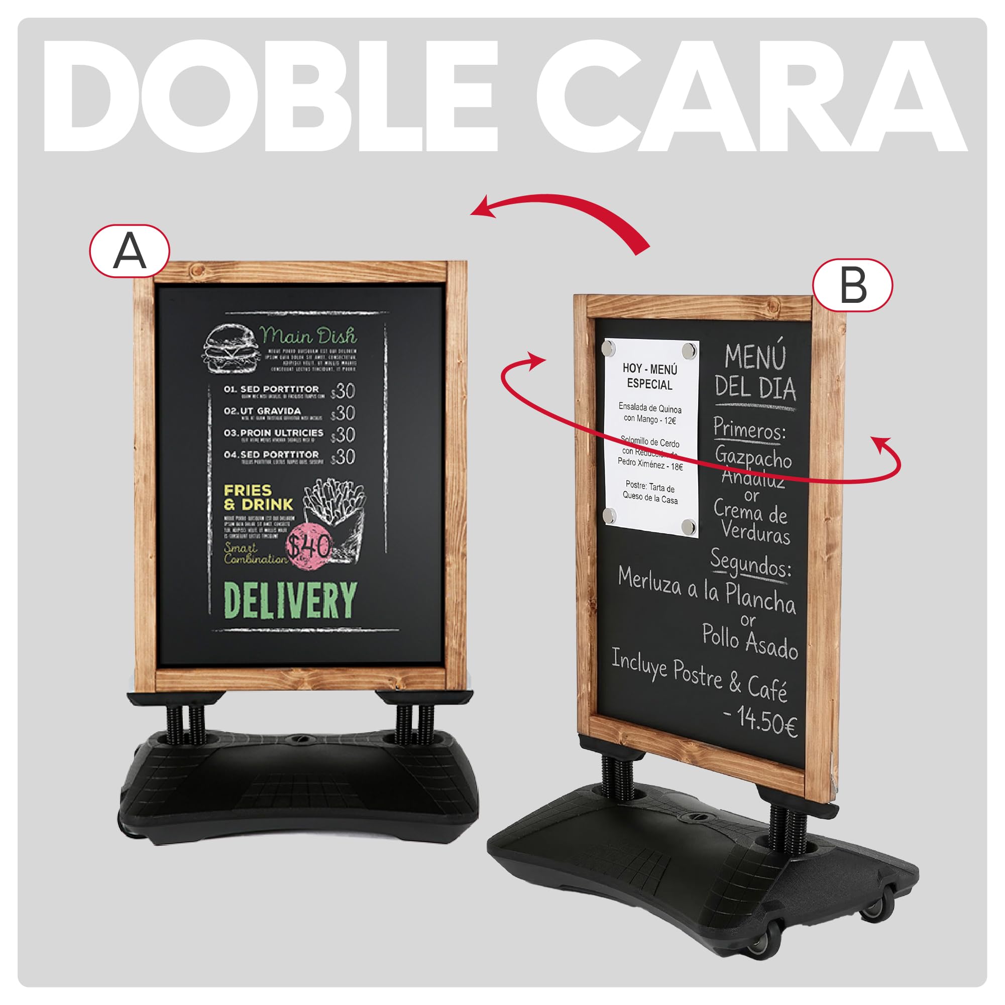 Pizarra Negra Doble Cara para Exterior con Base Rellenable y Ruedas | Pizarra Magnética y para Tiza y Rotulador | Marco de Madera de Haya | Cartel Publicitario para Hostelería (680x460 mm)