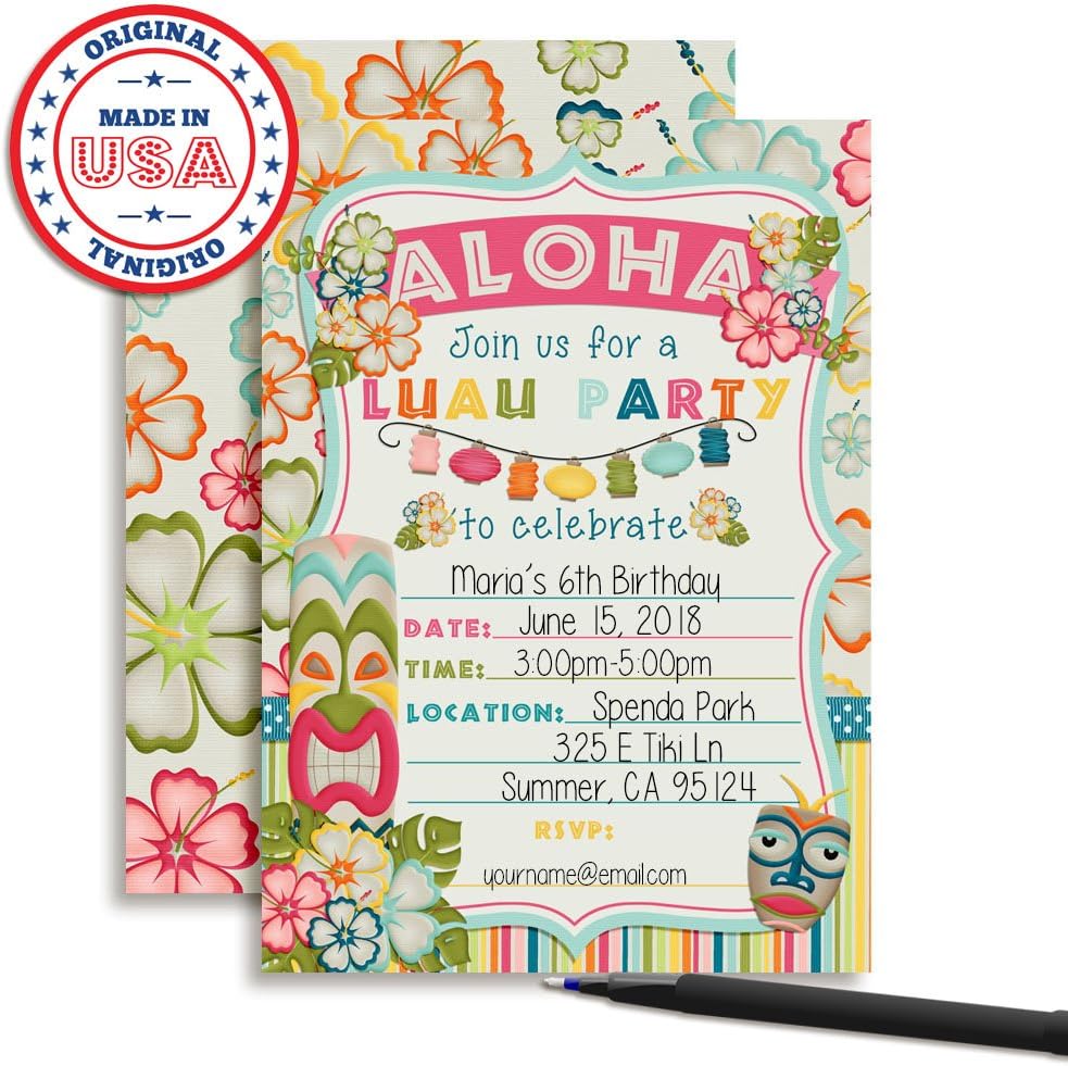 Amanda Creation Tropical Luau Birthday Party Fill in Invitations set of 20 with envelopes Perfect for Summer and Hawaiian themed parties