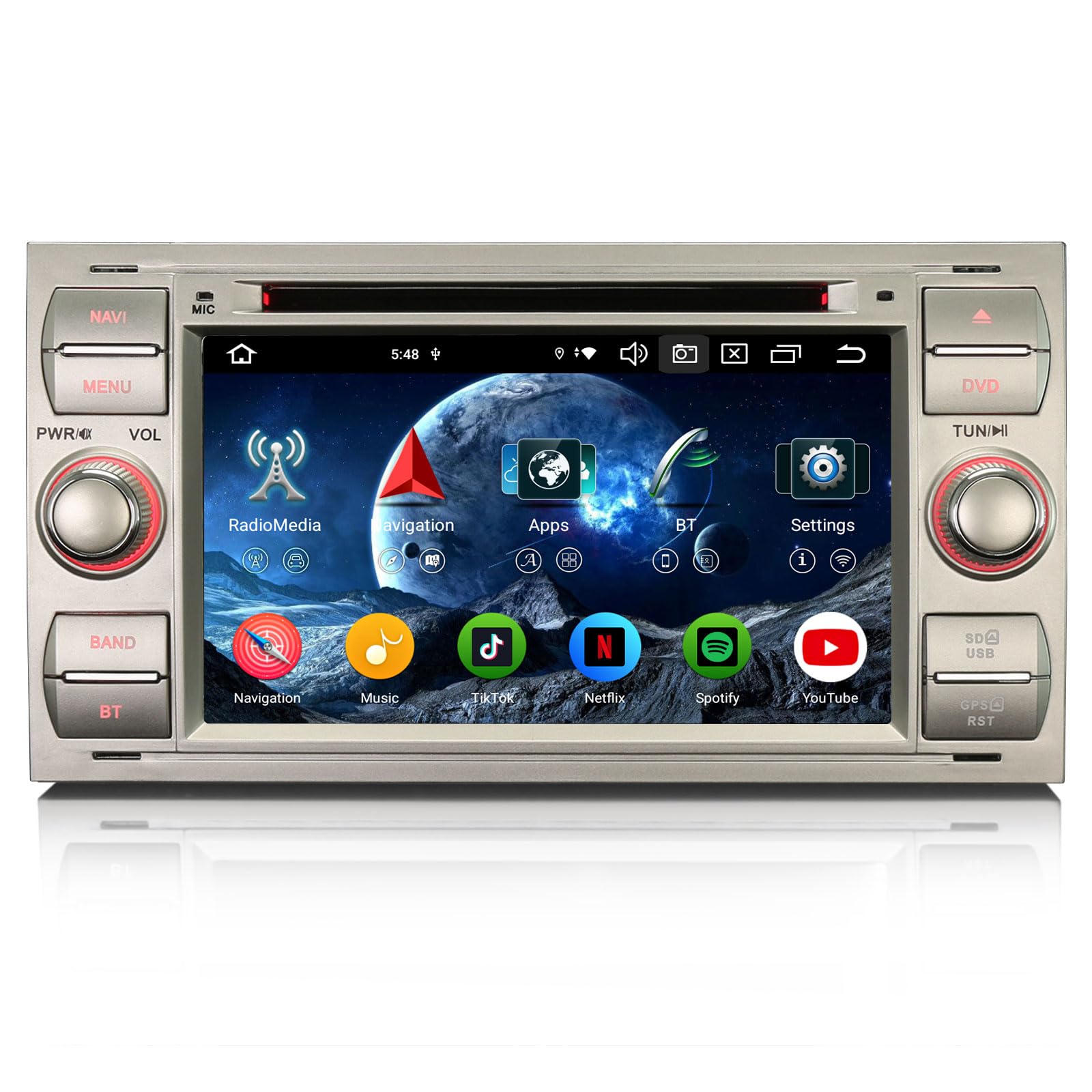 Erisin 7 pollici 8-Core 4GB+64GB Android 14 Autoradio Bluetooth GPS Navigazione per Ford Transit Galaxy Kuga C-Max S-Max Connect CarPlay senza fili Android Auto WiFi DSP DAB+ OBD2 USB FM RDS CD DVD