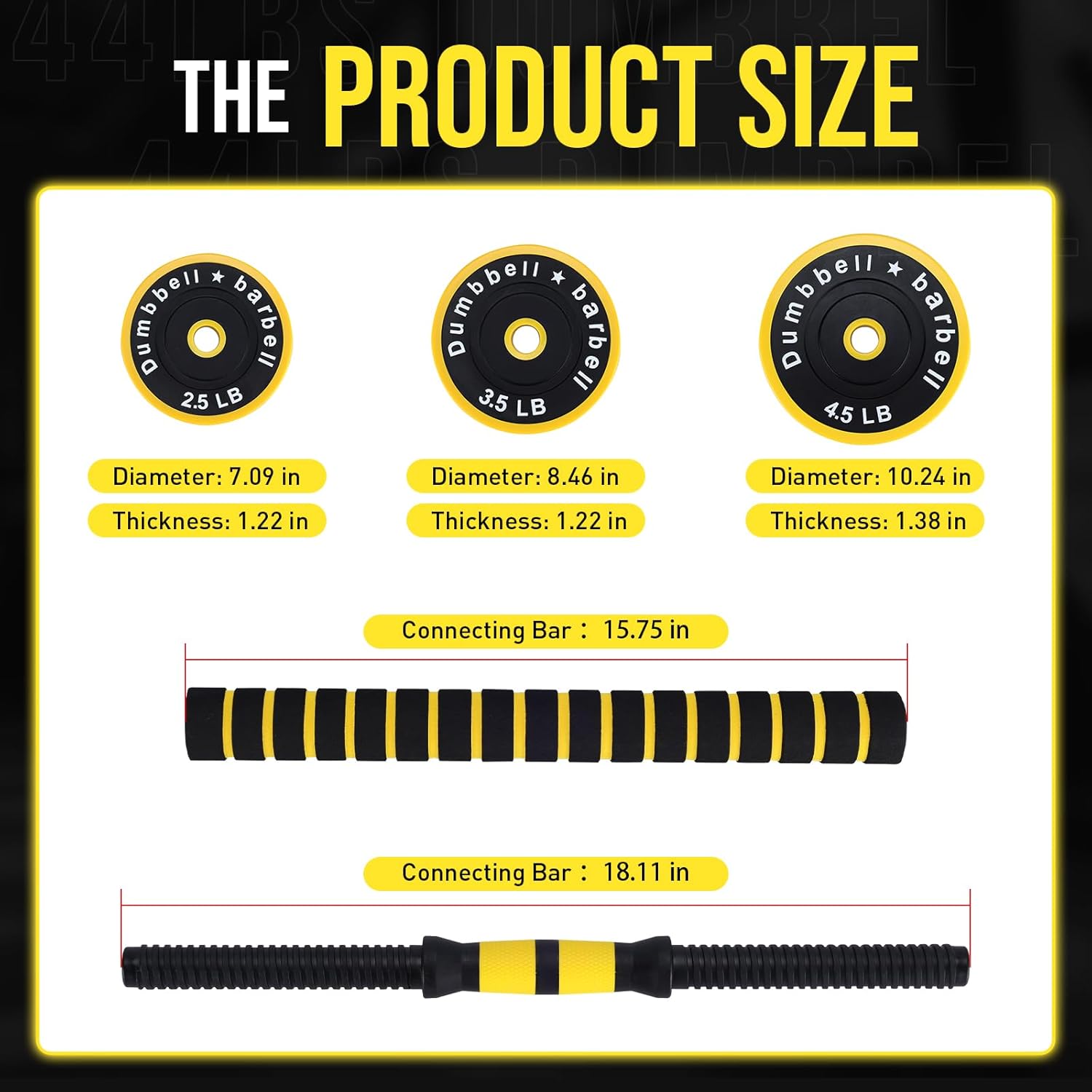 Diagram showing the dimensions of the 2.5 LB, 3.5 LB, and 4.5 LB weight plates, as well as the connecting bar lengths.