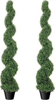 2-Pack 5FT Spiral Boxwood Topiary Trees, Tool-Free Assembly Artificial Plants with Stable Weighted Base, Fade Resistant PE Leaves for Indoor Outdoor Home and Commercial Decor