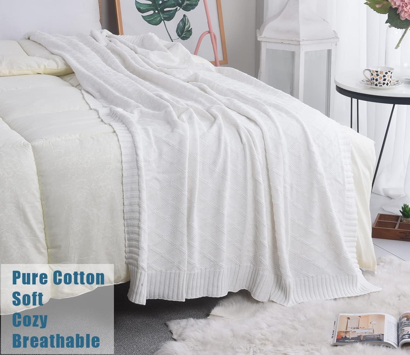 Cotton Knit White Throw Blanket for Couch Sofa Bed - Home Decorative Soft Cozy Sweater Woven Fall Throw Blanket