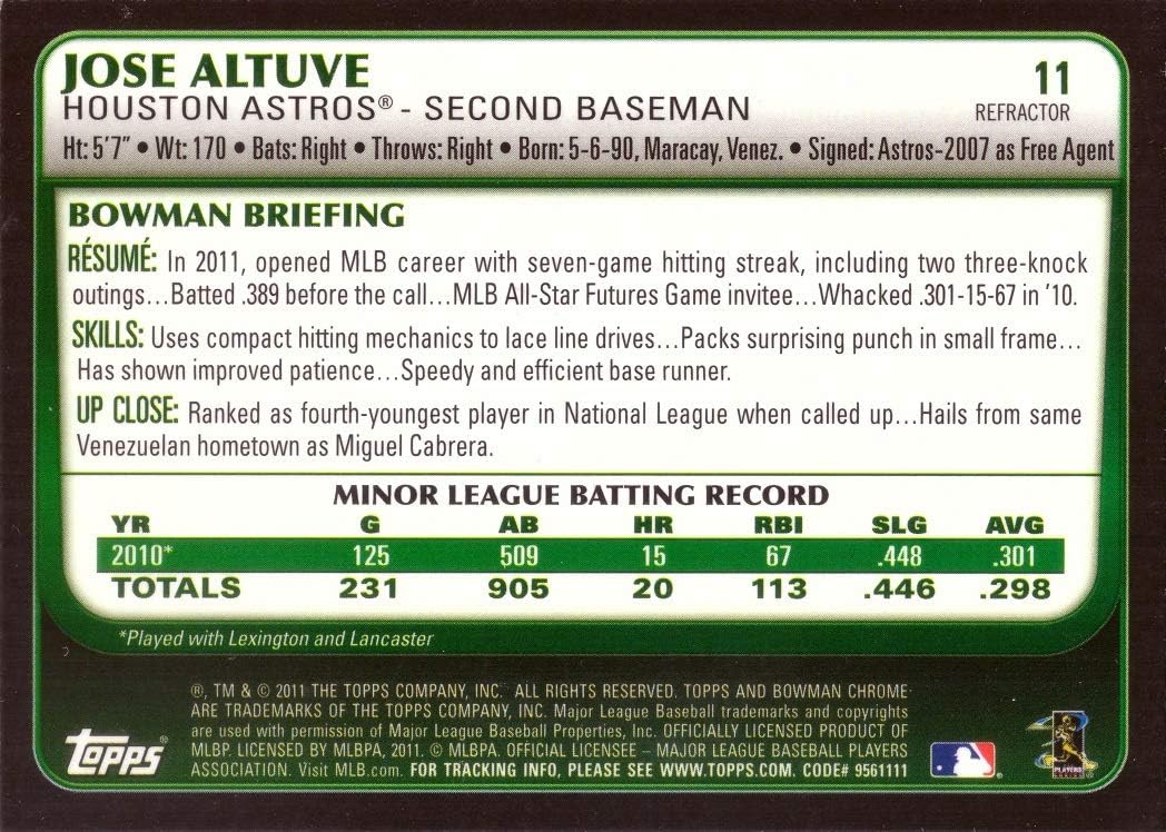 2011 Bowman Chrome Draft Refractor Baseball #11 Jose Altuve Rookie Card