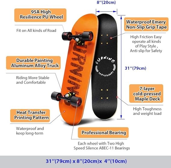 PHOEROS Complete Skateboards- Standard Skateboards for Beginners Kids Boys Girls Teenager- 31''x 8''Canadian Maple Cruiser Pro Skate Board, Skateboards