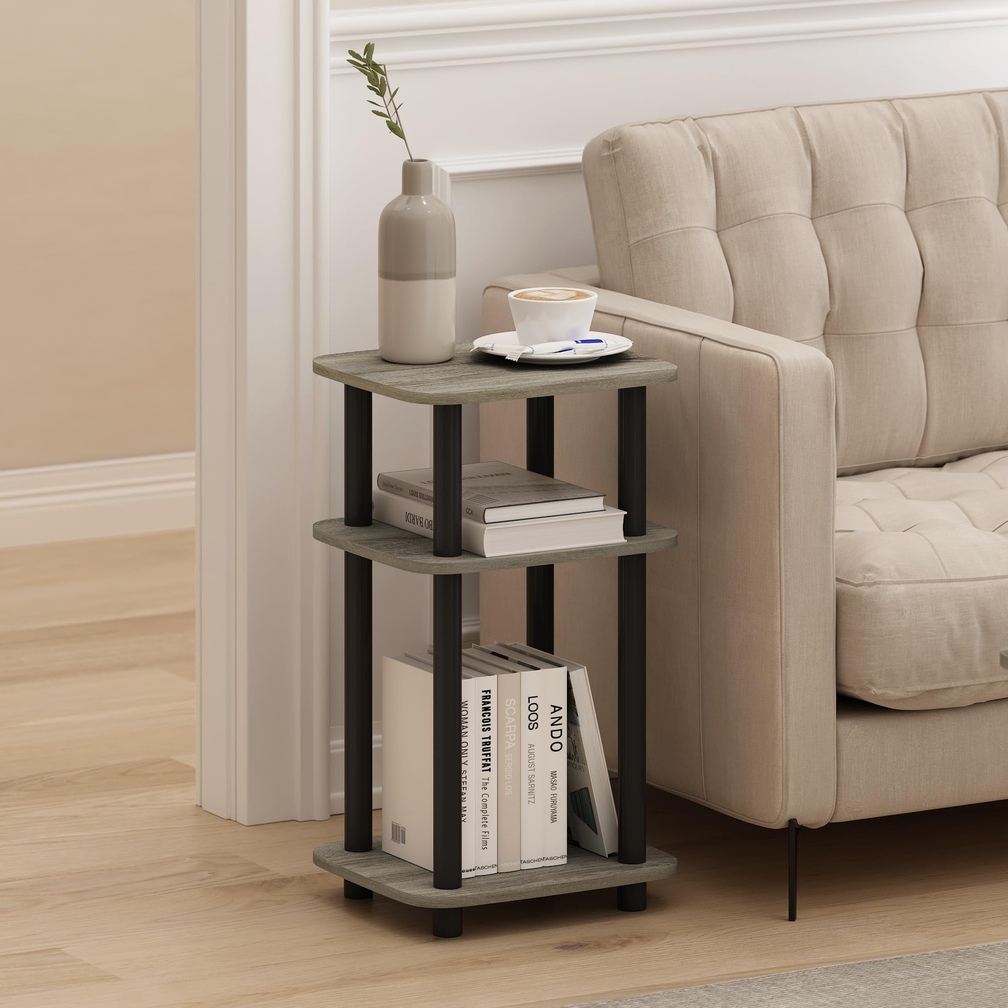 Furinno JUST Tavolino Laterale, Tavolino Da Divano Turn-N-Tube A 3 Ripiani Con Ripiano Aperto, Comodino Ad Angoli Arrotondati, Montaggio Facile, Rovere Francese