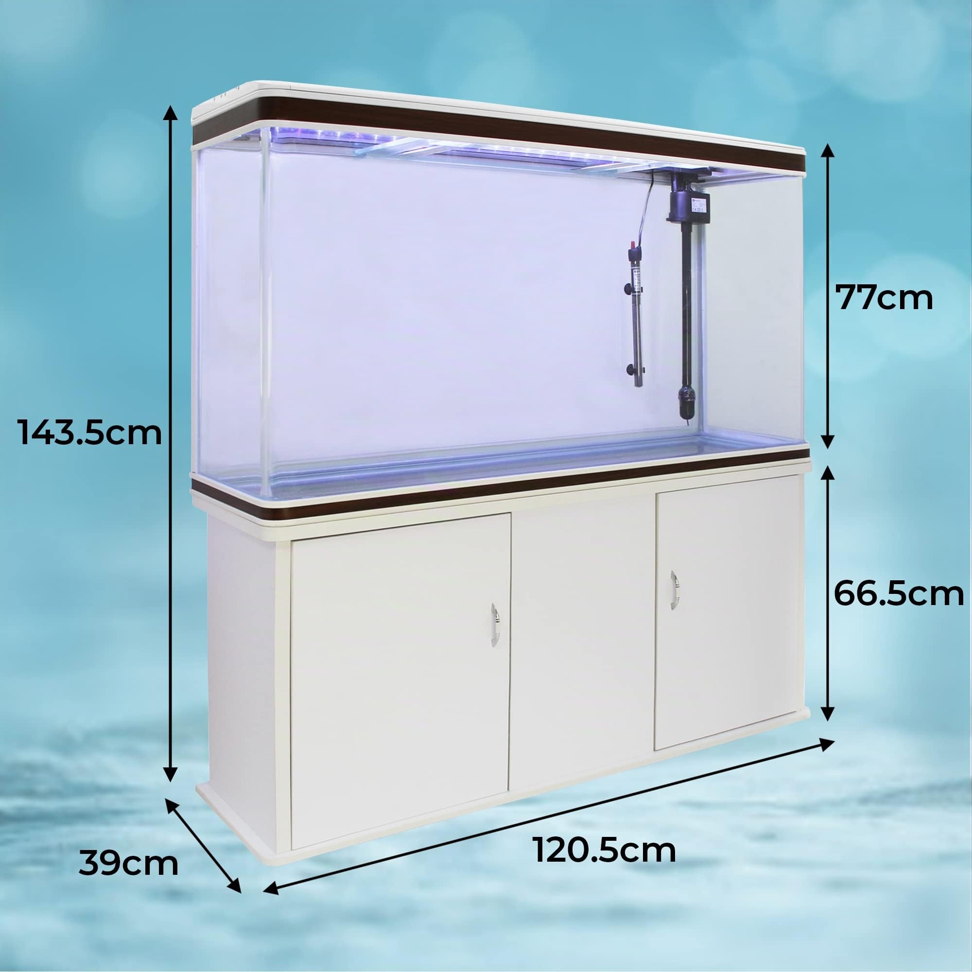Pecera Acuario 300 litros para Peces Agua Dulce,Tropicales+Marinos con Mueble Blanco,Grava Negra,Calentador 300W Ajustable,Filtro,Bomba Aire,Zona Observación 180º +Luz LED, 2 Años Garantía Eléctrica