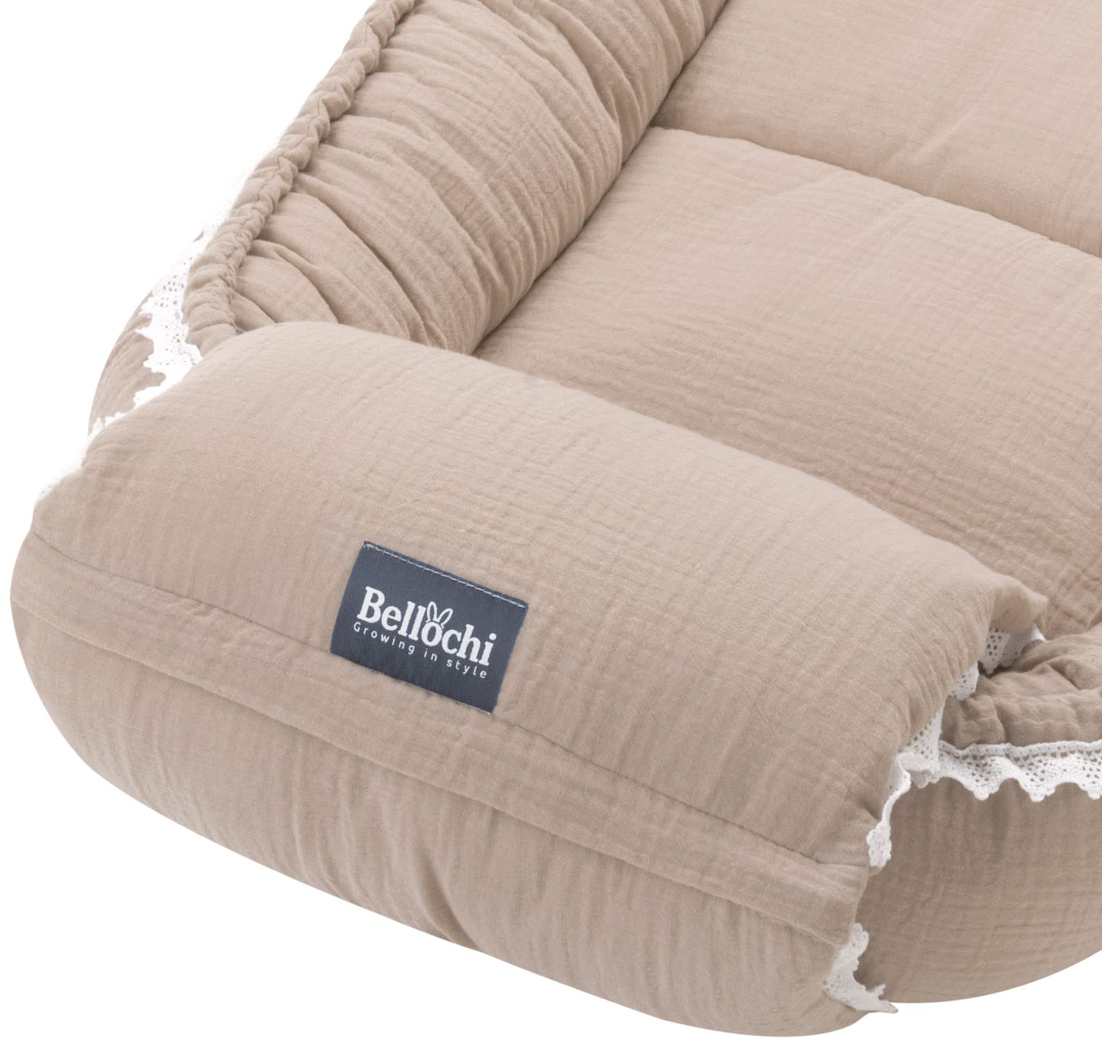 Bellochi Reducteur de Lit Bebe avec Coussin d'allaitement, Cale Bebe pour Lit, Cocon Bebe – Mousseline - 0-12 Mois - Nid de Bebe, Baby Nest - 90x60 cm - Cuddly Muslin Beige