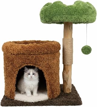 STILLCOVE Small Cat Tree with Scratching Post Solid Wood Kitten Tower | Cloud Flower Bed, Real Nature Wood, Mini Short Modern Aesthetic Mau Cute House Condo Perch, Hanging Ball, Indoor cats