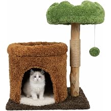 STILLCOVE Small Cat Tree with Scratching Post Solid Wood Kitten Tower | Cloud Flower Bed, Real Nature Wood, Mini Short Modern Aesthetic Mau Cute House Condo Perch, Hanging Ball, Indoor cats