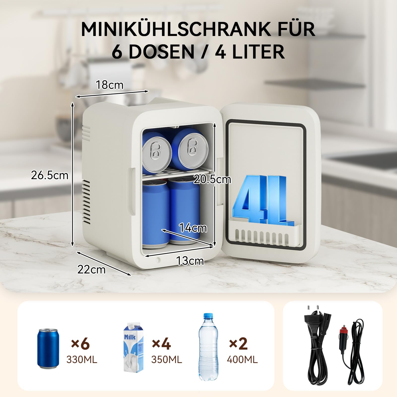 2 in 1 Mini Kühlschrank, 4 Liter mit Kühl- und Heizfunktion, tragbare elektrische Gefrierbox klein Gefrierschrank für Auto, camping, Lkw, Büro, 220V Steckdose und 12V USB-Anschluss