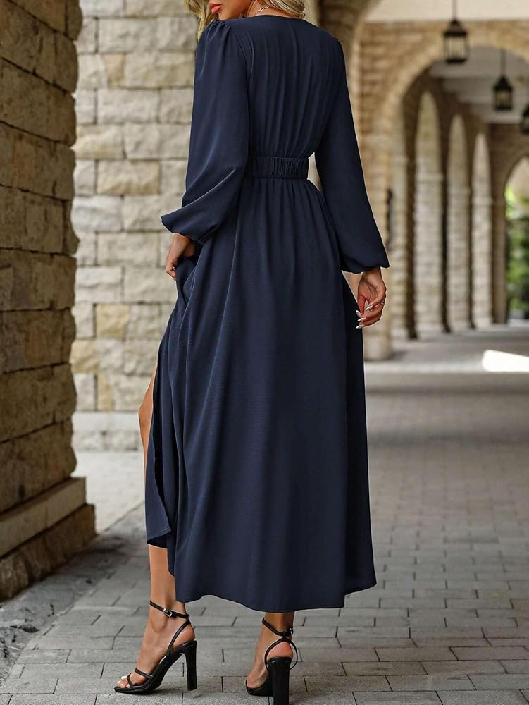 Amazon.com: Women's Maxi Dresses Solid Color V-Neck Front High Slit Long  Sleeve Dress Women : Clothing