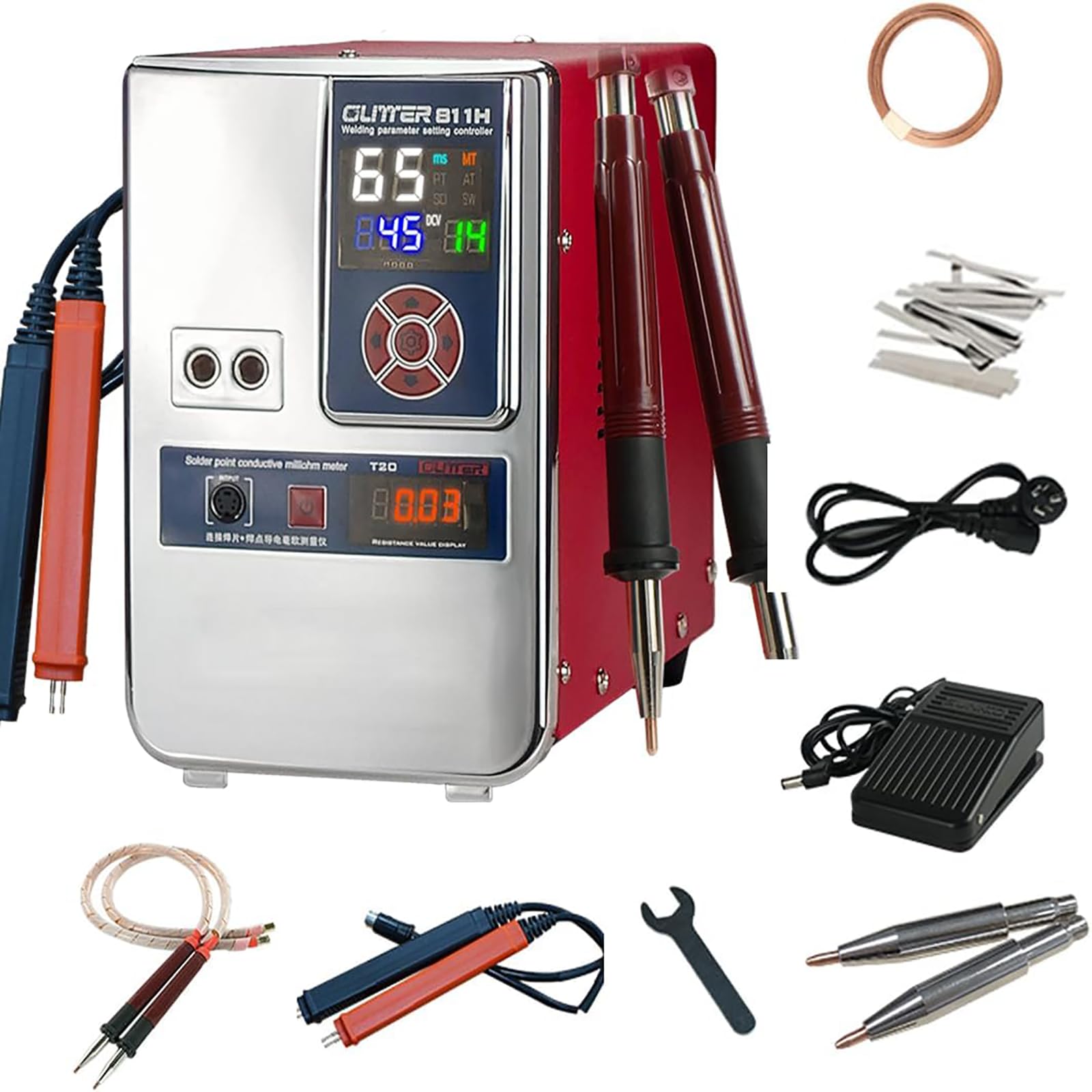 Zgrzewarka punktowa akumulatorowa 42KW, przenośna zgrzewarka punktowa kondensatorowa 0,45 mm z piórem do zgrzewania punktowego i piórem pomiarowym, mini przenośny sprzęt do zgrzewania punktowego
