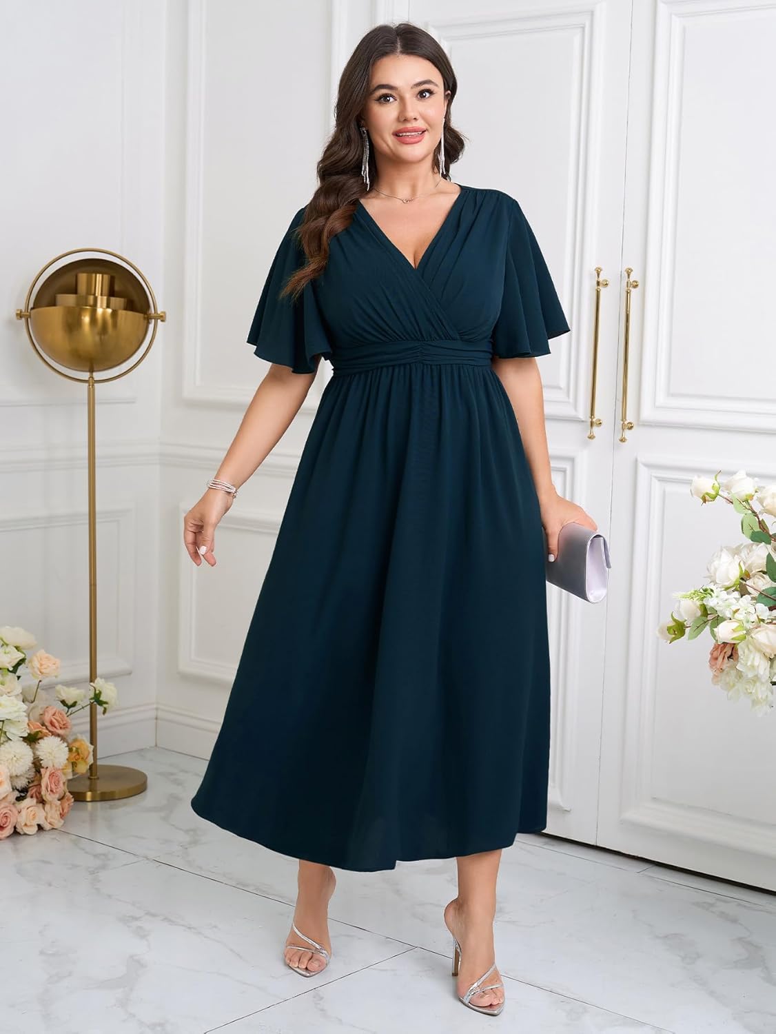 Womens Plus Size Wrap V Neck Dress Short Flutter Sleeve Pleated Empire Waist Ruffle A Line Maxi Long Dresses - Image 7
