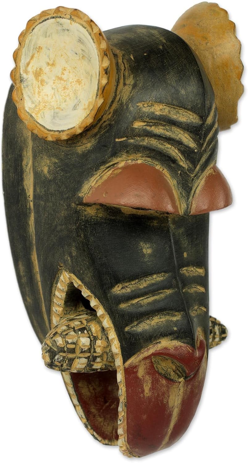 NOVICA Artisan Handcarved African Wood Mask Authentic Crafted Sese Black Ghana Masks Animal Themed Monkey [11.5in H x 6in W x 5.75in D] ' Hungry Monkey'