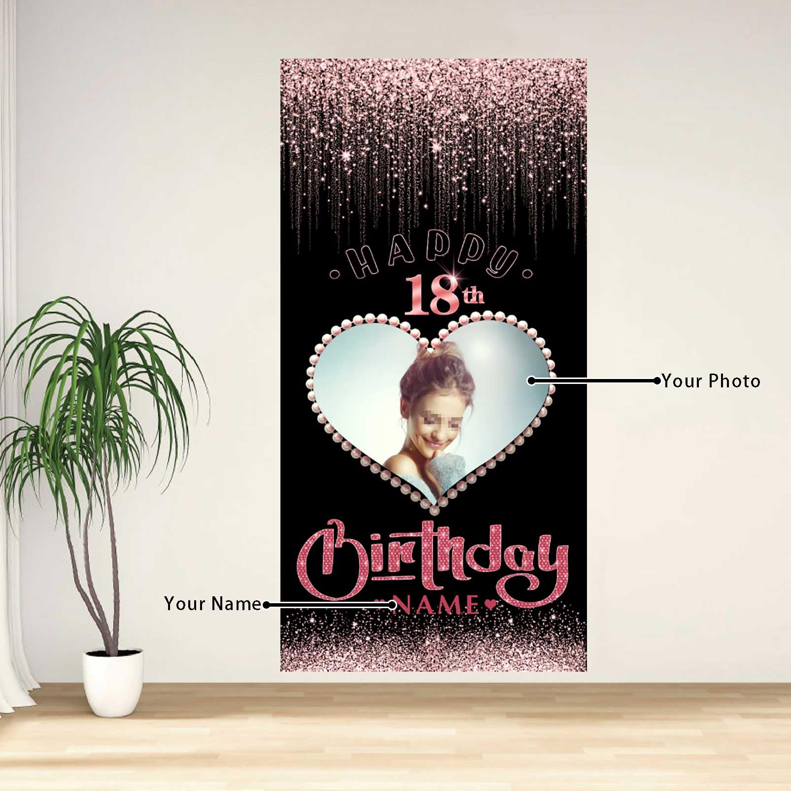 Banner Personalizado De Puerta Para 33 Cumpleaños (negro Y Rosa): Feliz Cumpleaños Con Foto Y Nombre, Tela De Titanio