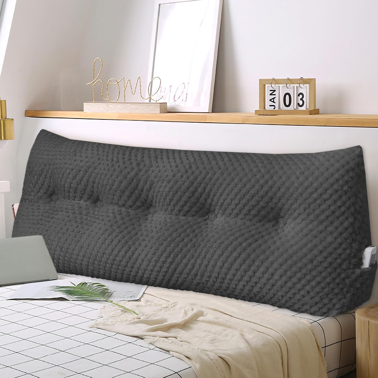 Large Triangular Headboard Wedge Pillow Soft and Supportive Headboard Backrest Positioning Support Bolster Cushion, Bed Wedge Pillow with Removable Cover(Black,Dorm,24x8x20inch)