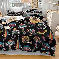 Vista 121 de SOULZZZ Juego de ropa de cama retro hippie tamaño matrimonial, edredón floral de hongos margaritas para niñas y mujeres, edredón negro con 2 fundas