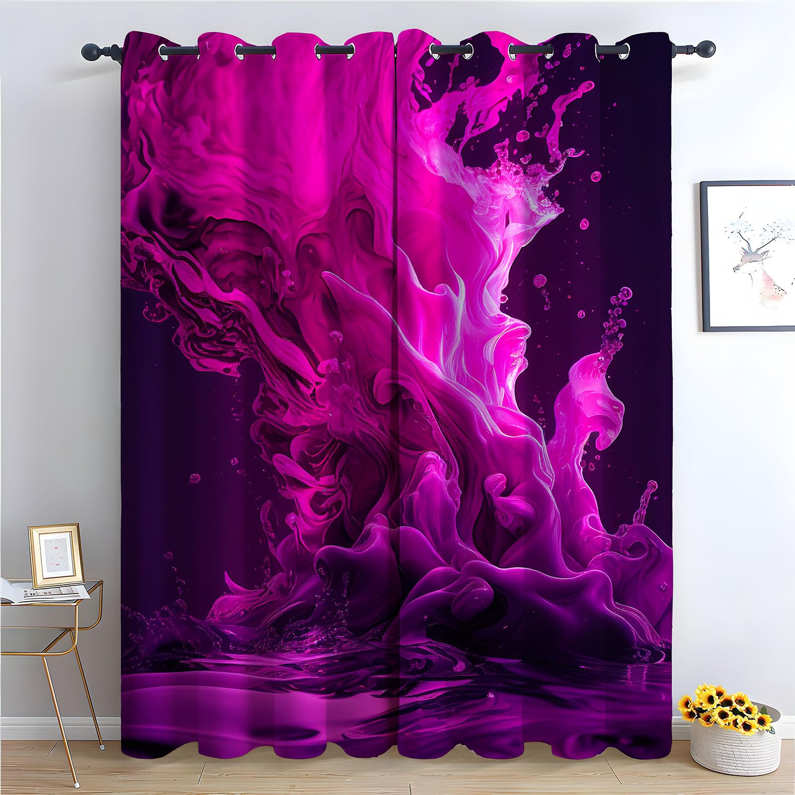 Rideaux imprimés salon et chambre occultants violet rose motif forêt moderne 2 panneaux