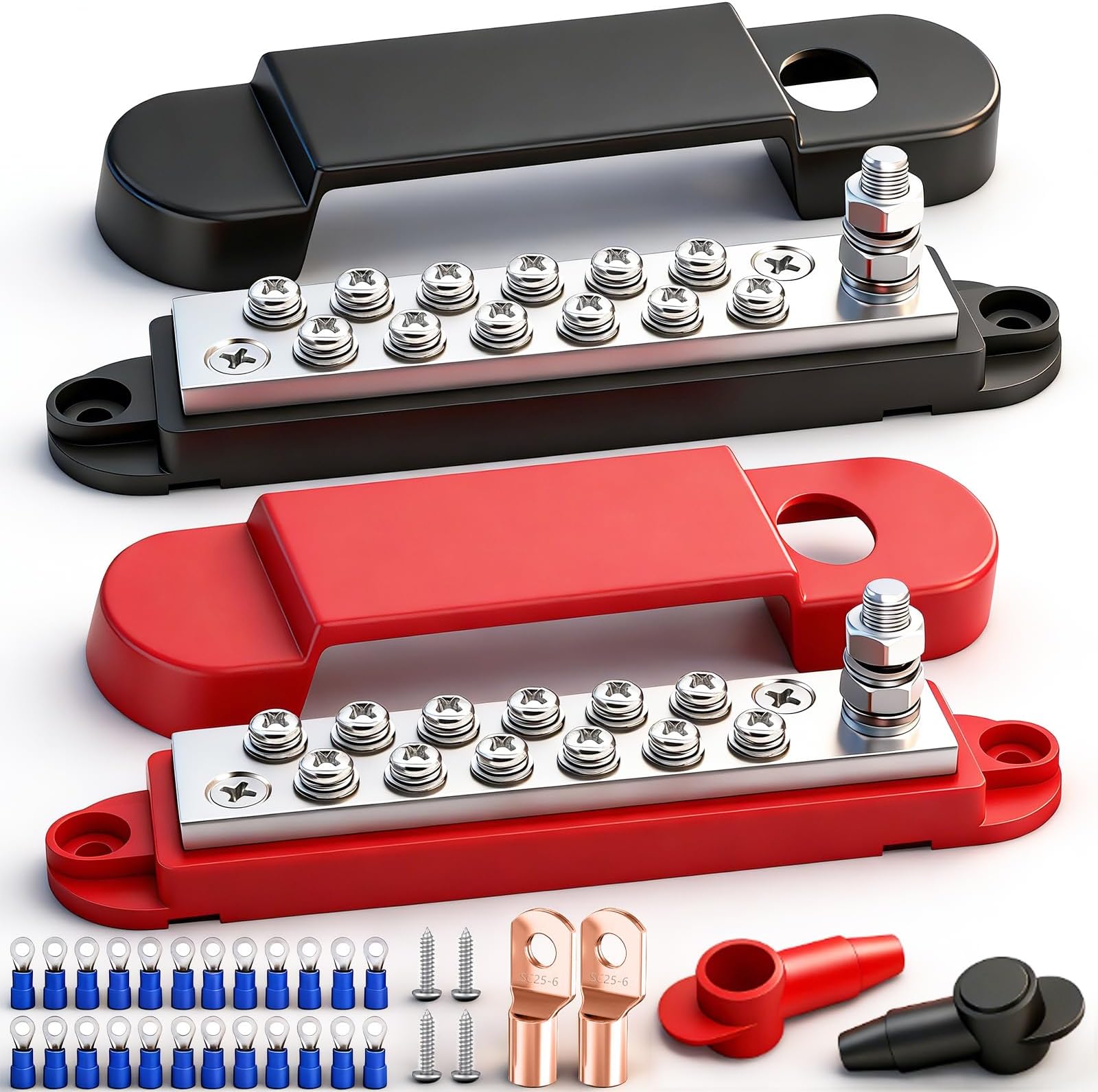 Marine Bus Bar 12V 150A 1/4" Stud Power Distribution Block, Buckle Designed Bottom Battery Busbar, Automotive Buss Bar 12v for Car, Boat and Solar Wiring (Black+Red)