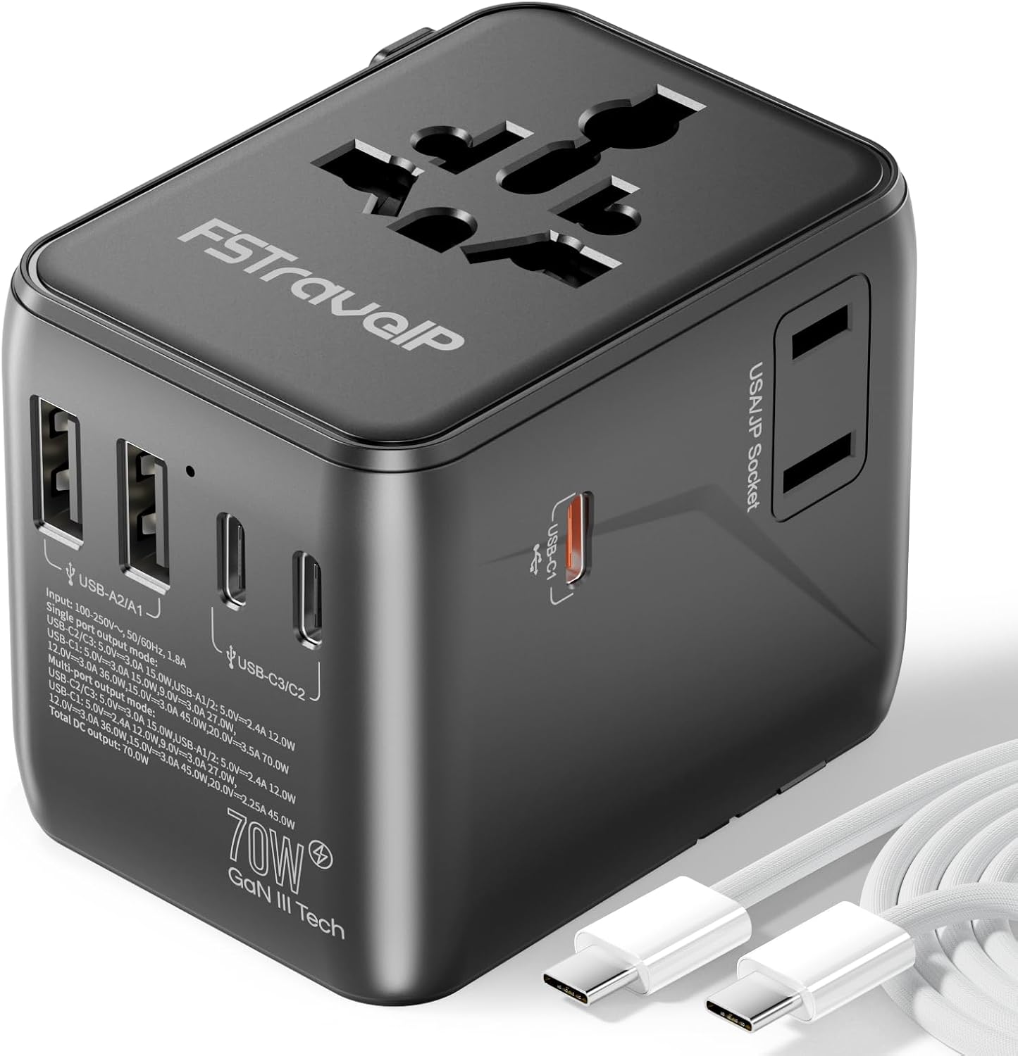 Universal Travel Adapter 70W Fast Charge, Travel Plug Adapter Worldwide with 5 USB Ports 2 USB C, Universal Plug Adaptor UK to World, Dual10A Fuses Travel Adapter Wall Charger for Type A, C, G, I