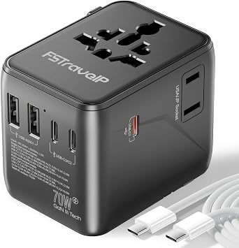 Universal Travel Adapter 70W Fast Charge, Travel Plug Adapter Worldwide with 5 USB Ports 2 USB C, Universal Plug Adaptor UK to World, Dual10A Fuses Travel Adapter Wall Charger for Type A, C, G, I
