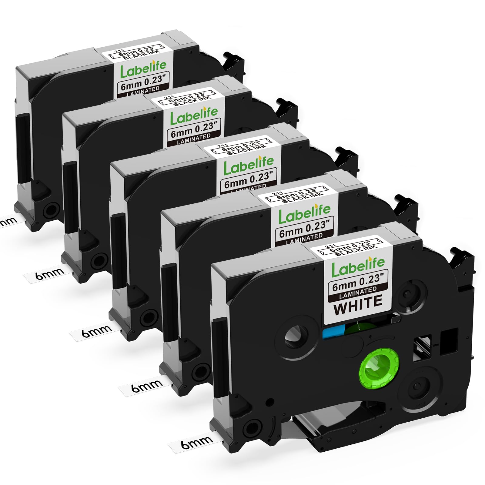 Labelife 6mm Label Tape TZe-211 Replacement for Brother P Touch TZe TZ Tape 6mm 0.23 Laminated White Label Tape TZe211 TZ-211 for Brother Label Maker PT-D210 PT-D220 PT-H110 PT-D200, 1/4 Inch, 5-Pack