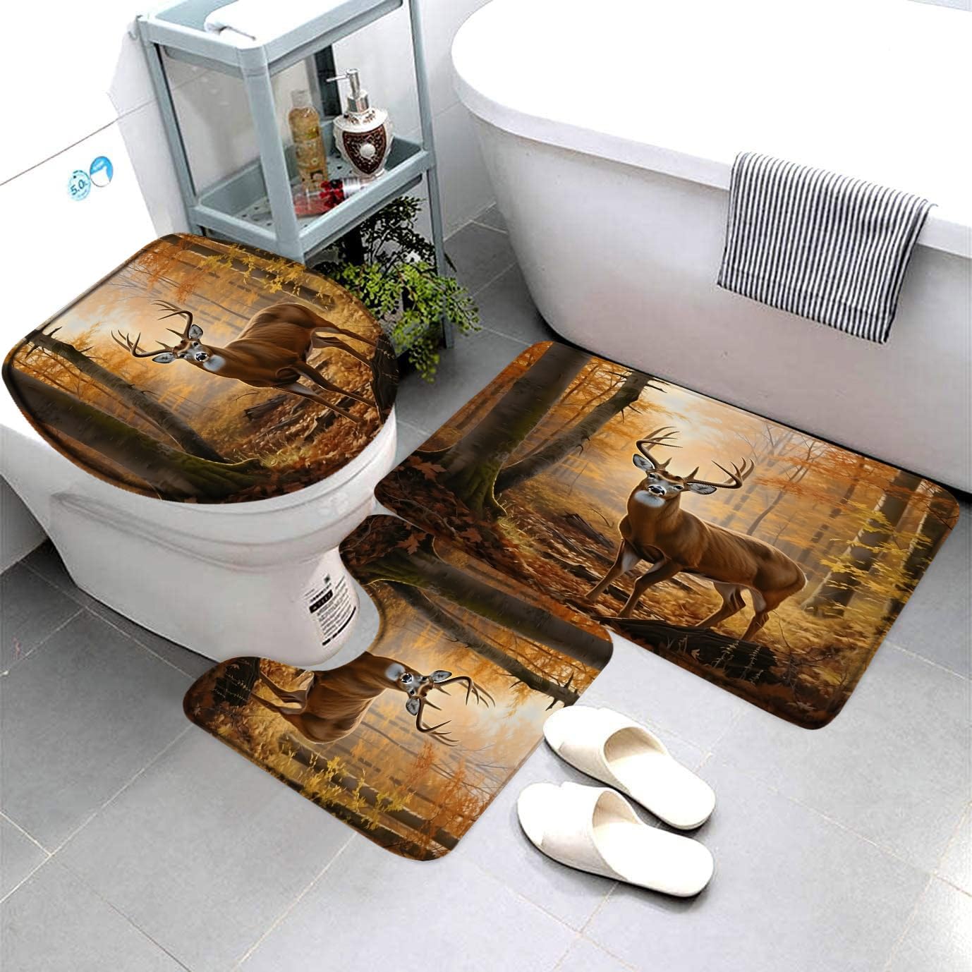 QWRSMYX 3 Pieces Set Deer Bath Mat Fall Forest Elk Wildlife Rustic Animal Country Farmhouse Autumn Hunting Nature Bathroom Rugs Toilet Lid Cover Pedestal Rug U-Shaped