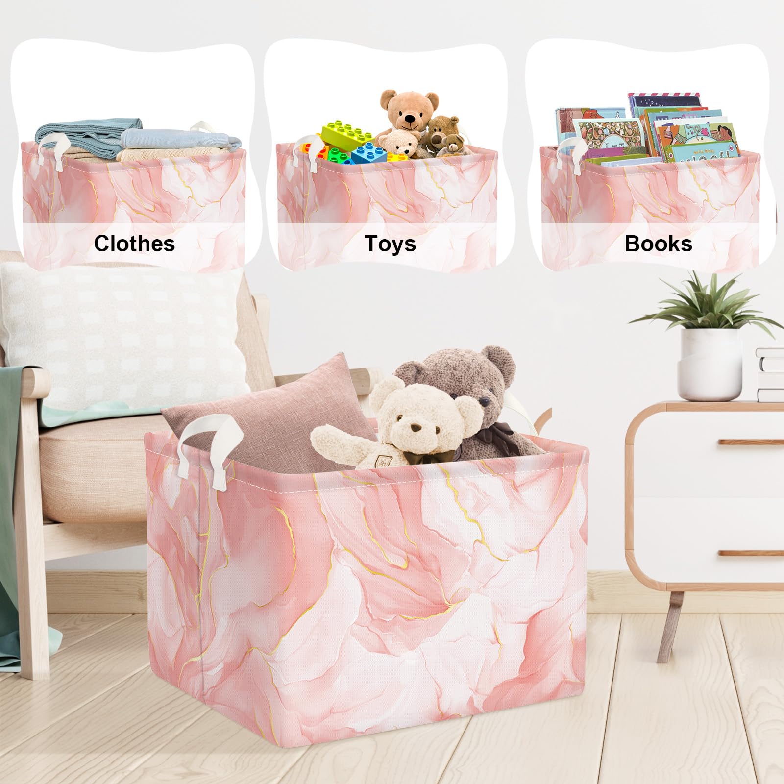 Clastyle Ceste Biancheria Donna Marmo Cestino Giocattoli Vestiti Impermeabile per Ragazza Cestino Portaoggetti per Bagno Cameretta Bucato, Rosa, 40x30x30 cm