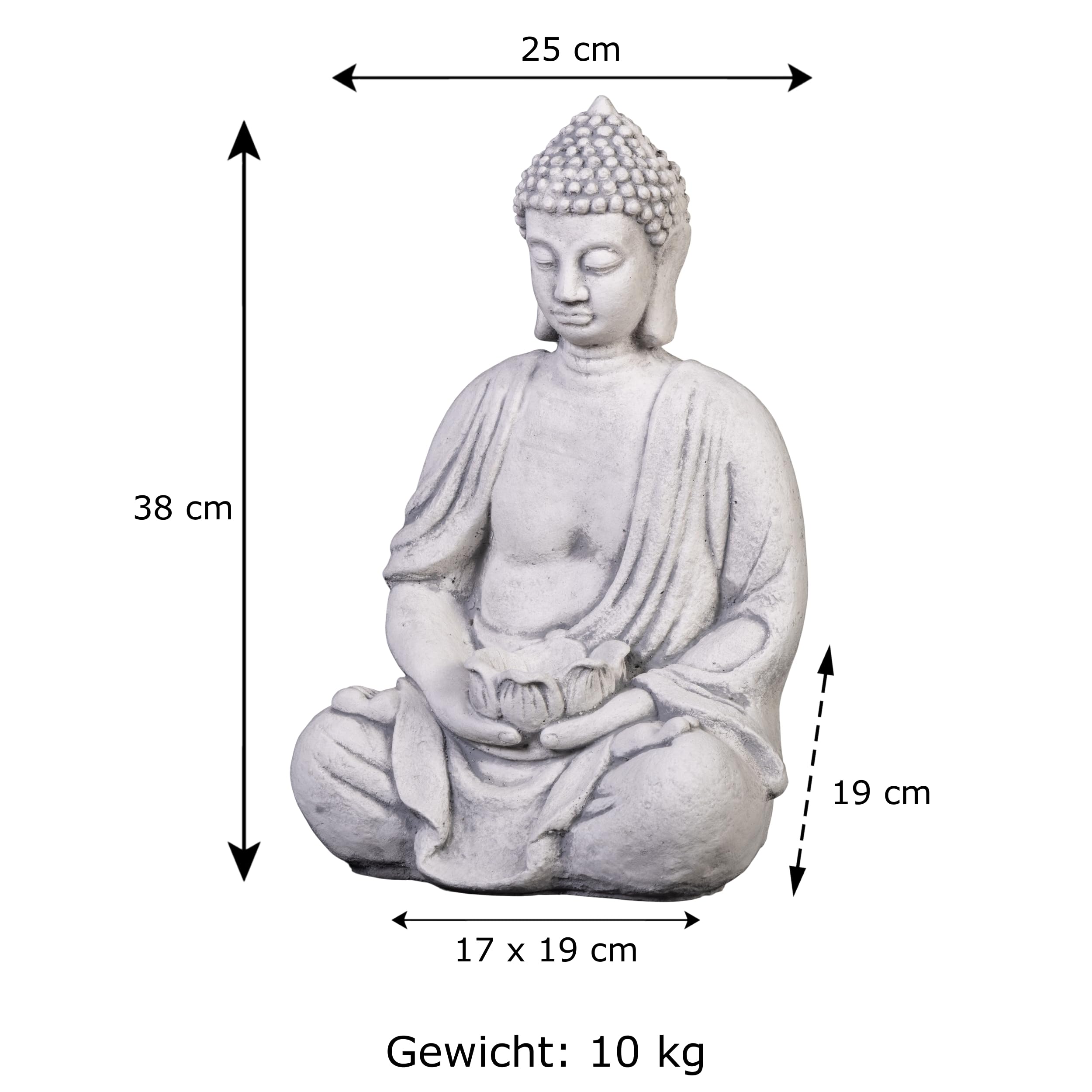 gartendekoparadies.de Buddha mit Schale, Steinfigur, H. 38 cm, 11 kg, Grau, frostsicher aus Steinguss für Außenbereich