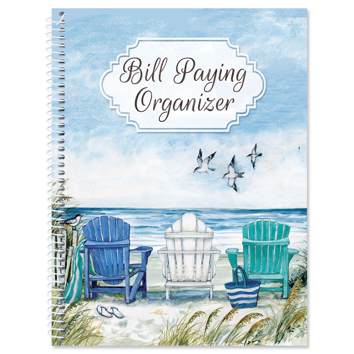 Current By The Sea Bill Paying Organizer Book - 9" x 12” Personal Account Book, Spiral Bound, 14 Storage Pockets, 32 Label Stickers, Monthly Finance &