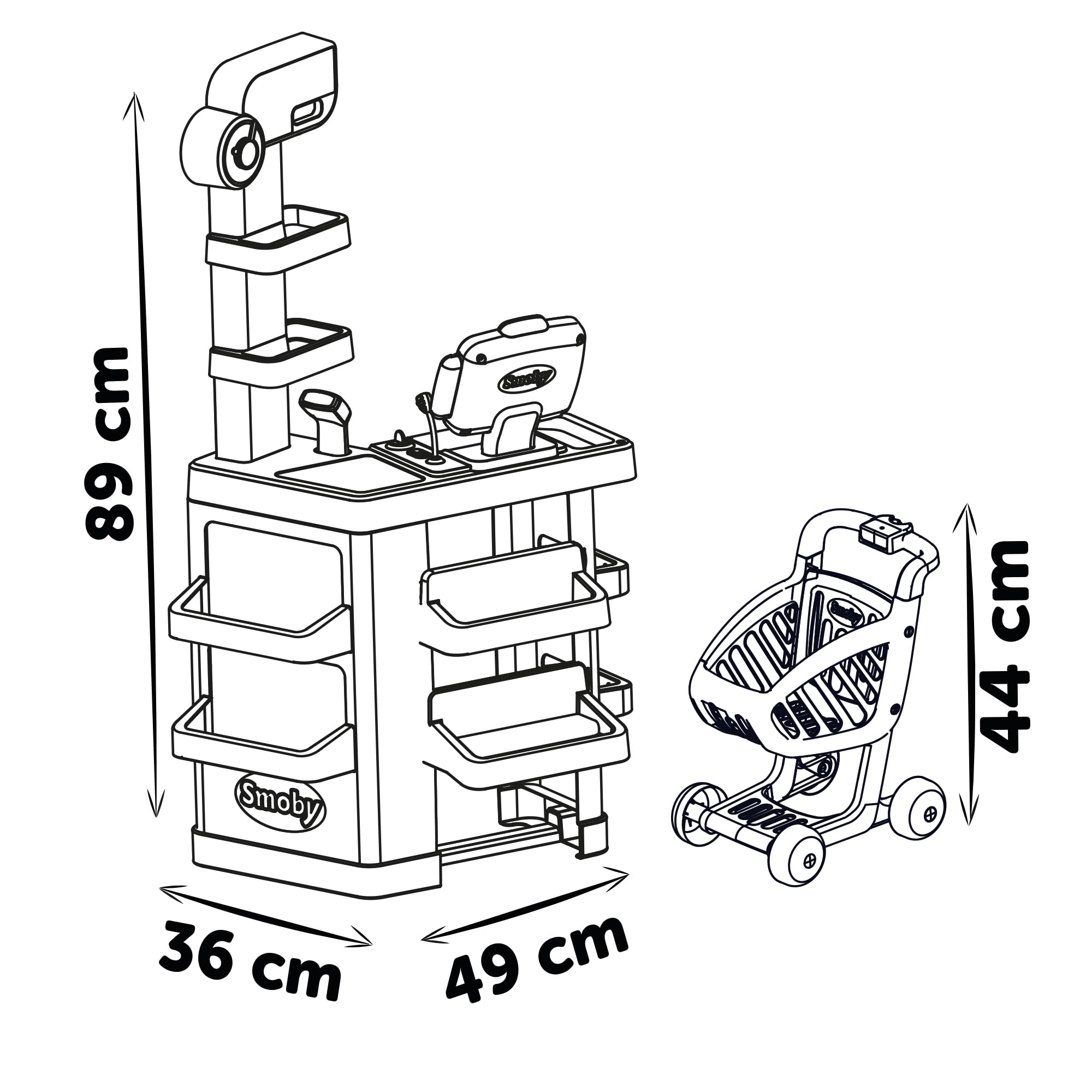 Smoby - Market con Carrello, 7600350238, +3 Anni, Cassa con Lettore Codici a Barre, 34 Accessori, luci e Suoni