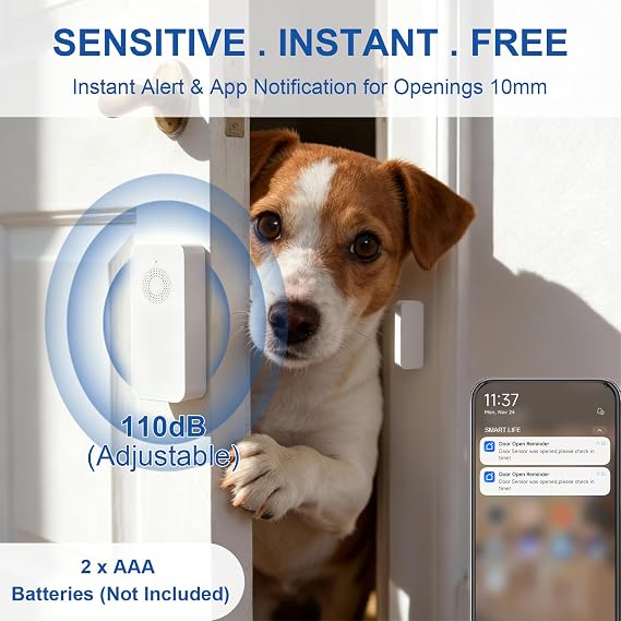 WiFi Door Window Alarm, Smart Contact Sensor with APP Alerts & Sound Light Alarm, DIY Home Security System for House, Apartment, Office (Battery Not Included)