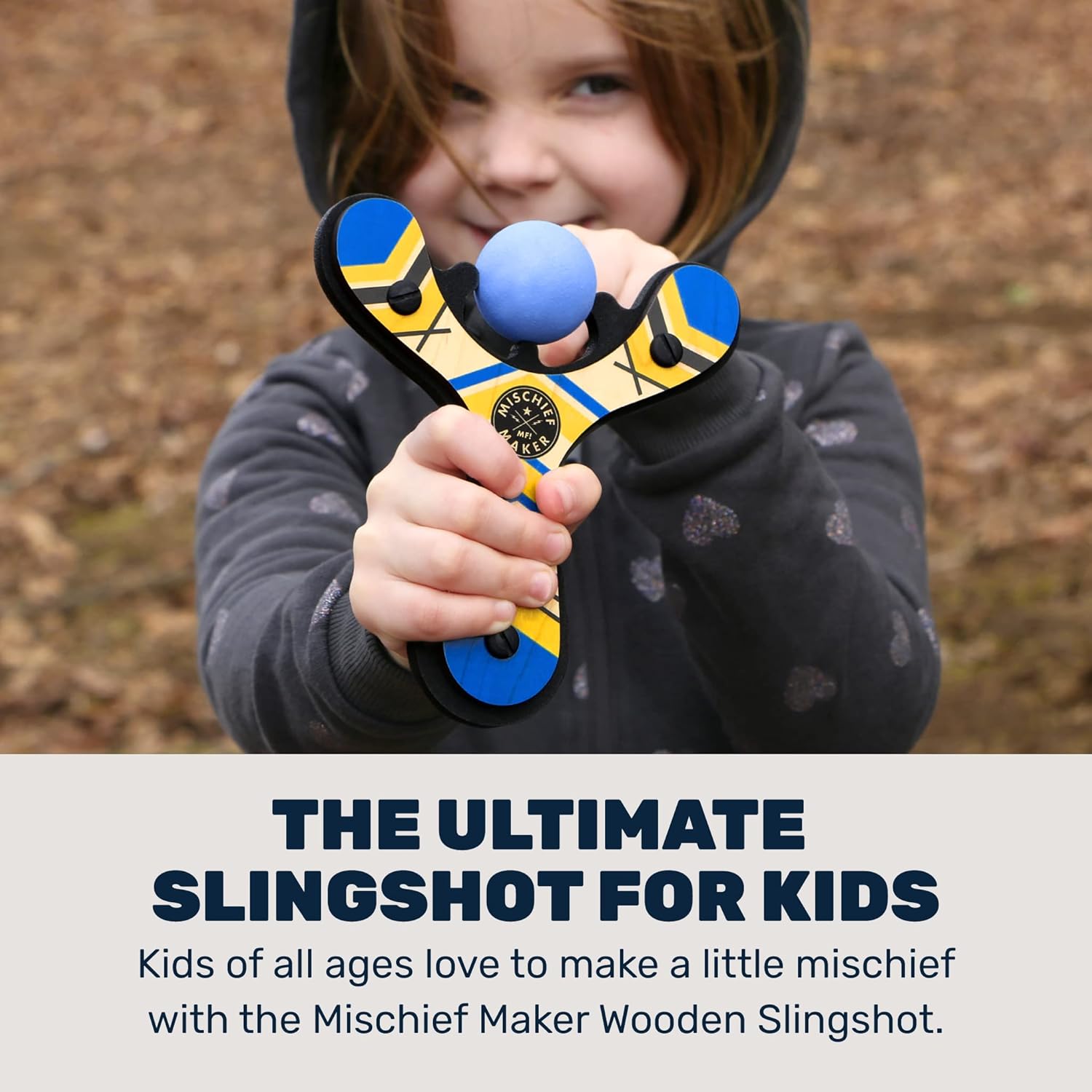 Mighty Fun! - Mischief Maker® Wooden Slingshot - Classic Series - Real Wood Slingshot for Kids, 4 Soft Foam Balls and Storage Bag - Ages 4+ (Blue)