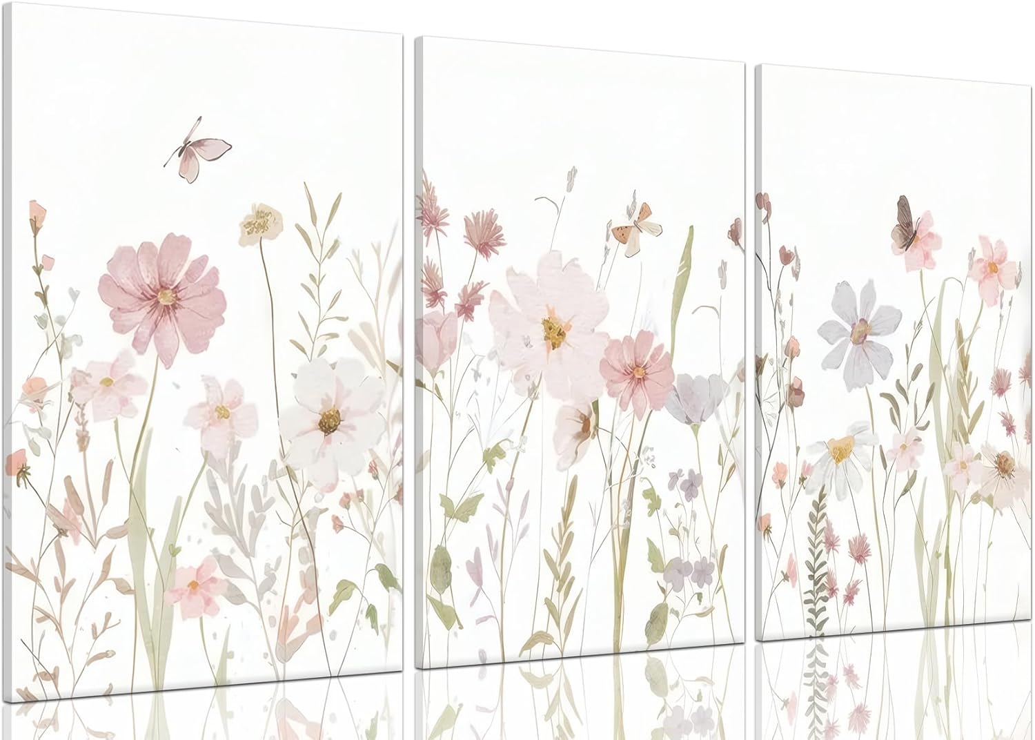 Yxjyzzkx Floral Canvas Wall Art Set of 3, Botanical Triptych Canvas Prints Wall Decor, Soft Pastel Flower Painting for Living Room Bedroom Bathroom, Waterproof Fade Resistant, 16x12 Inch Each