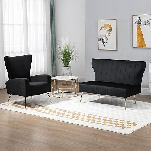 Miniatura 7 de Sofá biplaza moderno de terciopelo de 50 pulgadas, sin brazos, sofá pequeño tapizado con respaldo de alas con patas de metal dorado, sofá capitonado