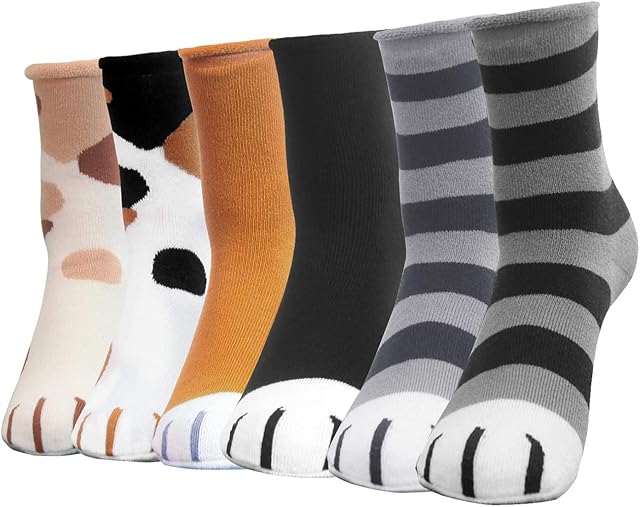 Crazy Bean 6 Pairs Womens Socks Cat Paws Cotton Socks Cute Cartoon Casual Women's Pattern Design Crew Socks Breathable Novelty Socks For Women Ladies Girls