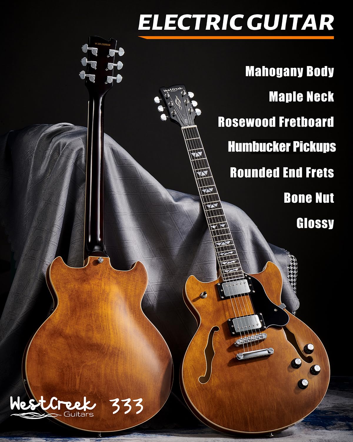 WestCreek 333 E-Gitarre mit 6 Saiten, Semi Hollow Body Jazz E-Gitarre, Alnico Humbucker Pickups, Roosewood Griffbrett, Rounded End Jumbo Frets, Full (Bernstein)