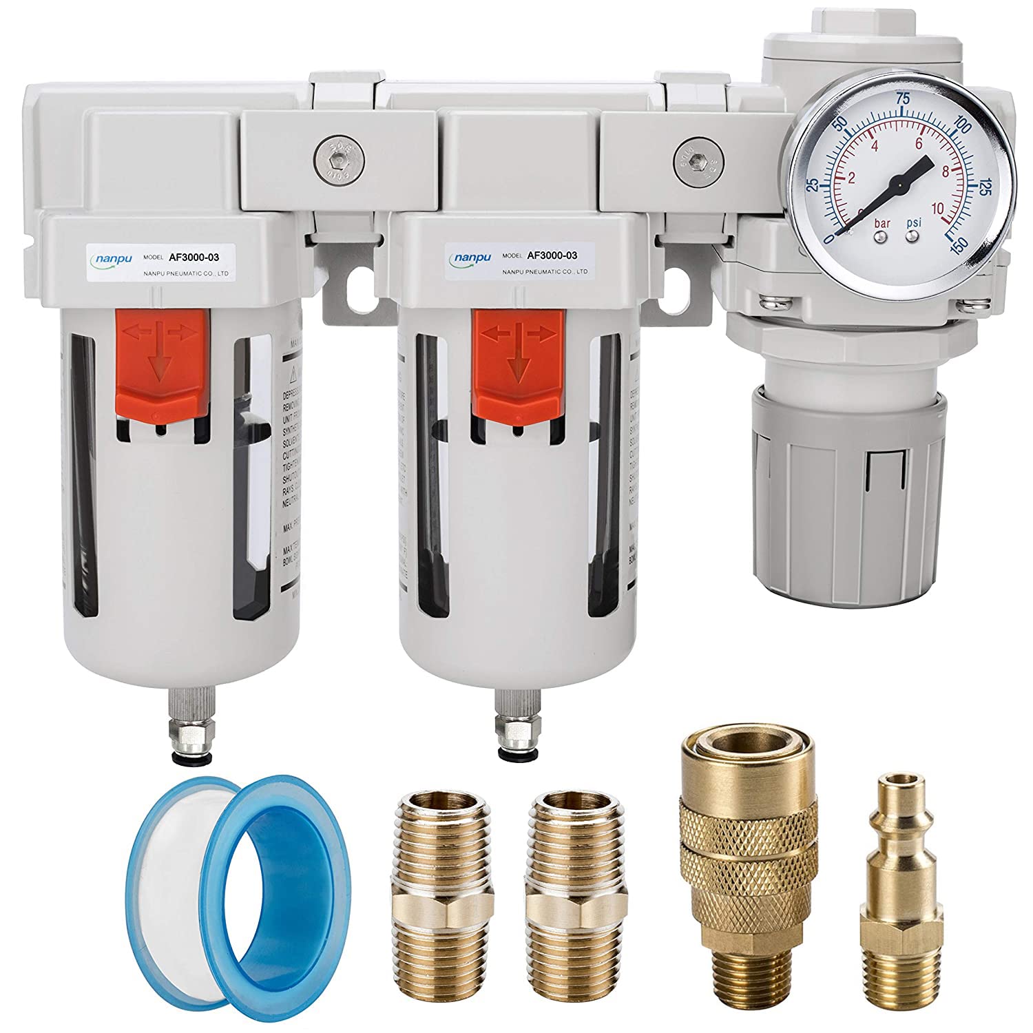 NANPU DFR-03 3/8" NPT Air Drying System - Double Air Filters, Air Pressure Regulator Combo - Semi-Auto Drain, Poly Bowl — Amazon image 18