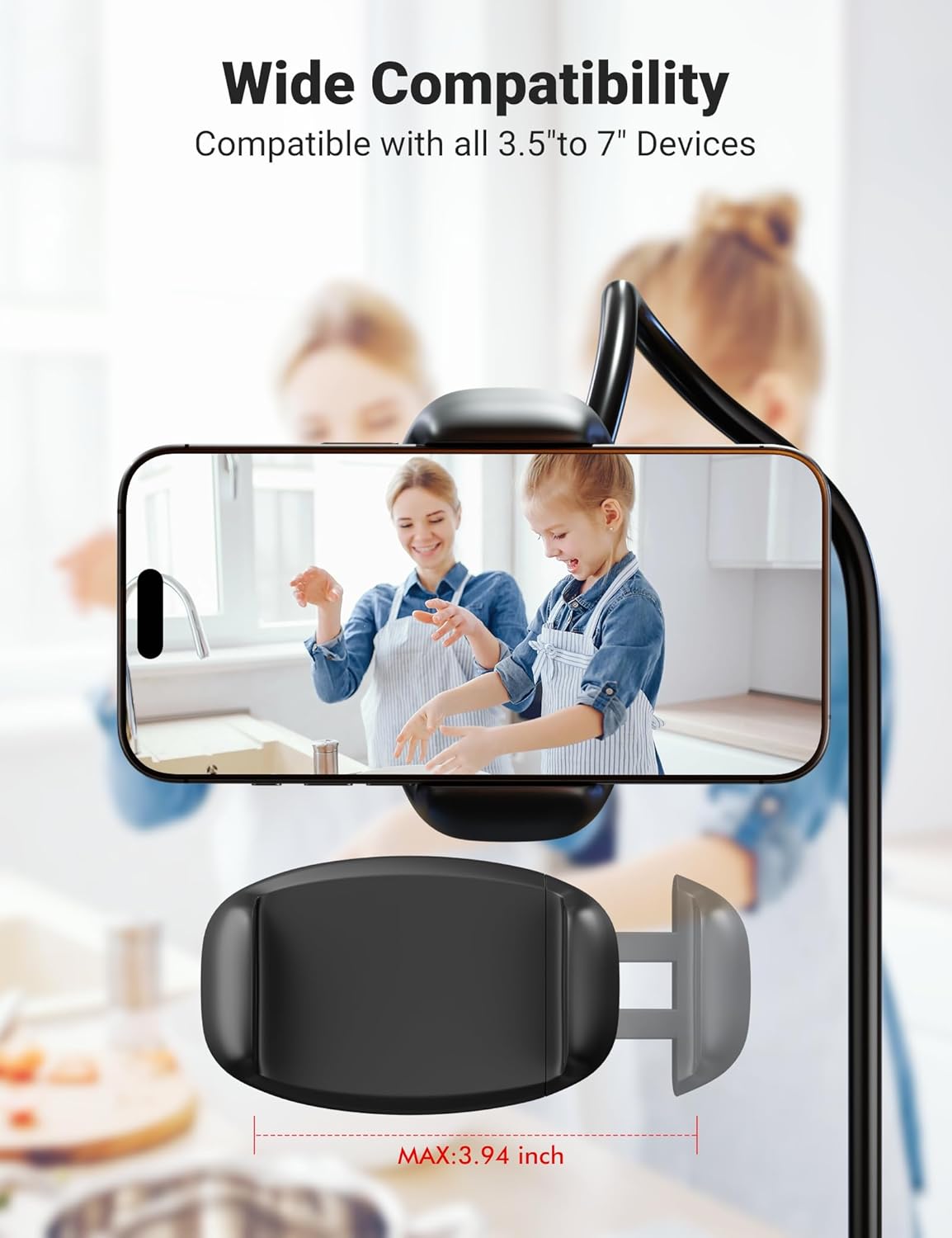 Gooseneck Phone Holder for Bed – 360° Flexible Adjustable Clamp, Long Arm Gooseneck Bracket for Desk Headboard Bedside, Compatible with iPhone 16 15 Pro Max XR X 8 7 & 3.5-7" Devices (Black) - Image 3