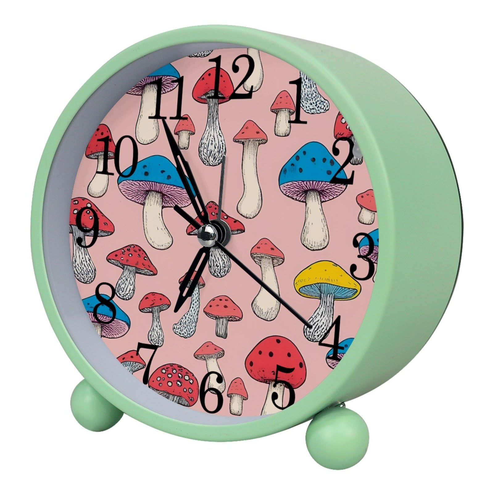etoenbrc Mushrooms Round Battery Operated Bedside Alarm Clock Non-Ticking Desktop Silent Analog Alarm Clock with Light