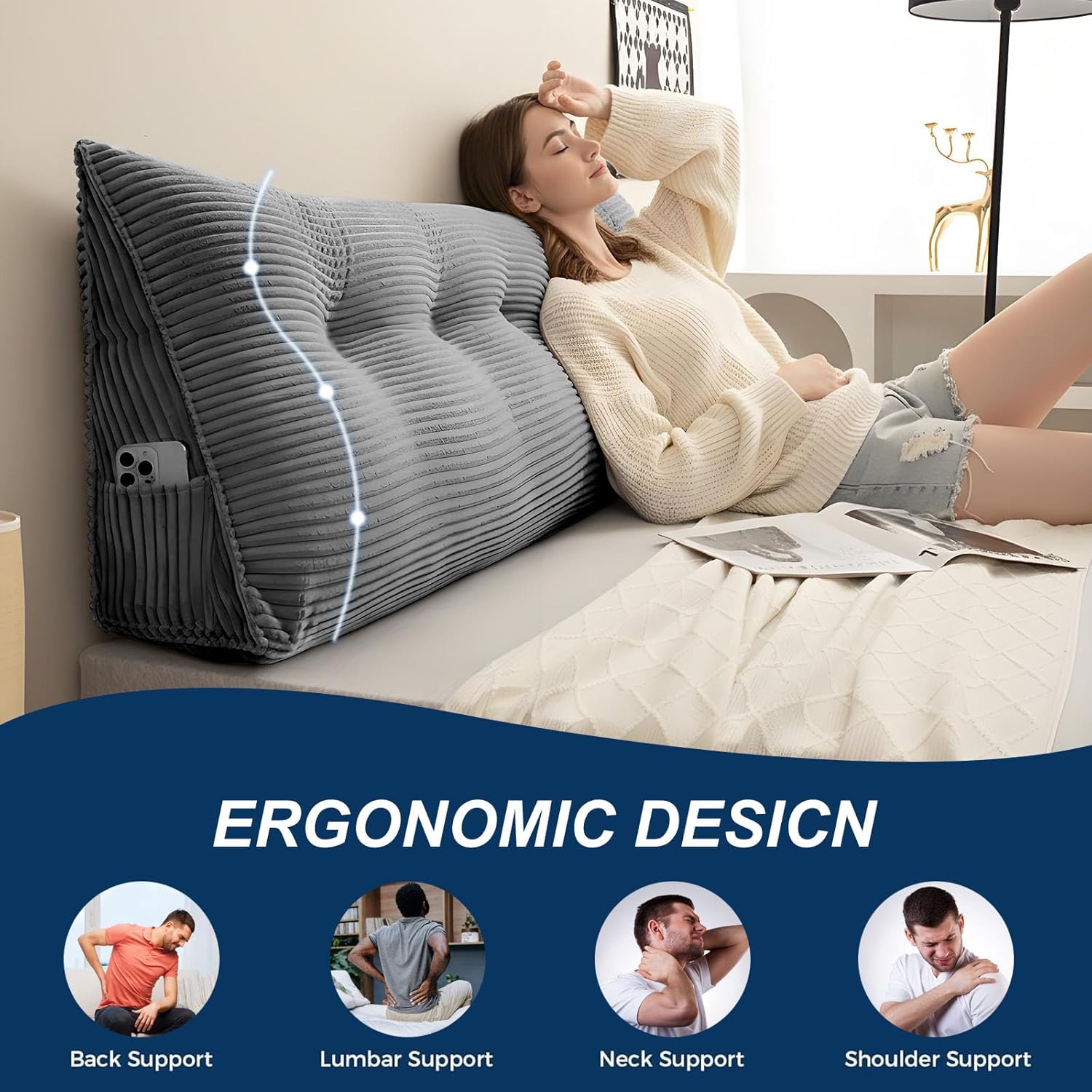 Wedge Headboard Pillow, with Removable Cover for Sitting Up, Back Support, Reading, Relaxing, Light Gray/31x8x20in