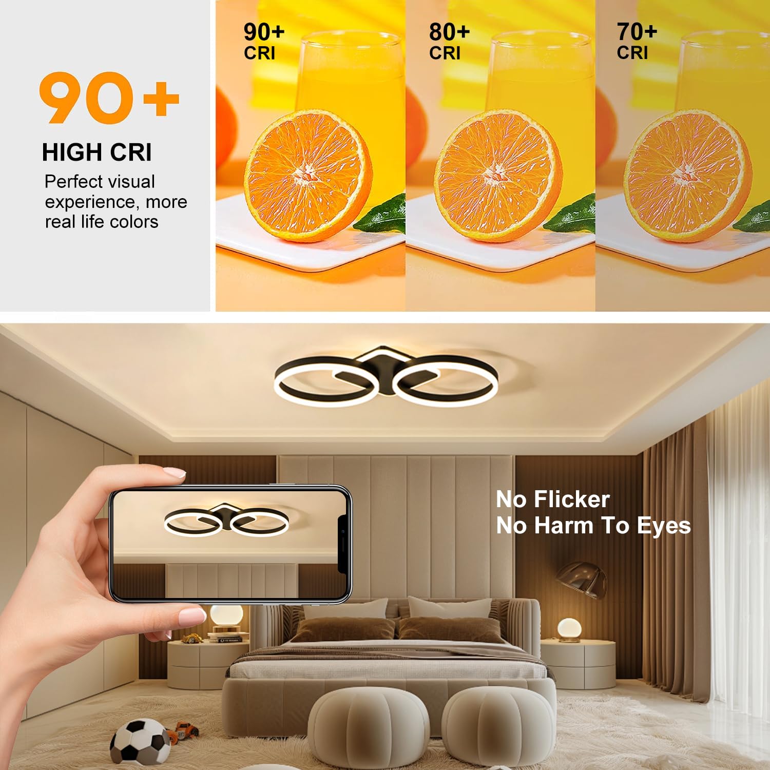 Lámpara de Techo LED Regulable Sala de Estar Negro 42W 65cm | Dormitorio Lampara Techo con Función de Memoria, Diseño Moderno de 2 Anillos Iluminación de Techo con APP de Control Remoto
